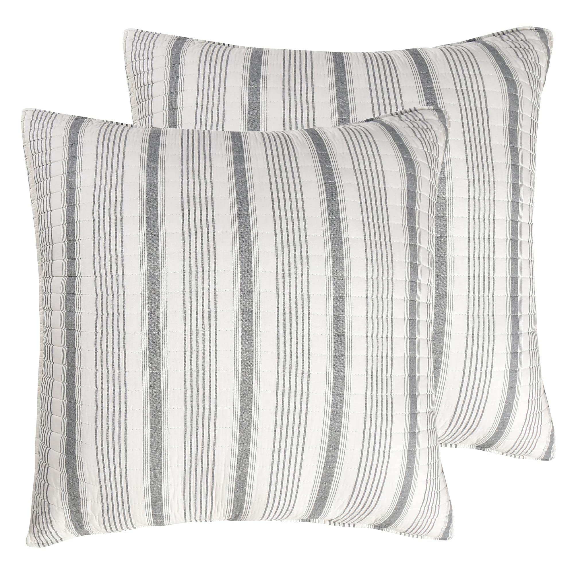 Levtex Home - Camden - Euro Shams (Set Of 2) - Quilt Back Stripe - Subtle Famhouse Stripe - Grey And Cream - (26X26In.), No Inse