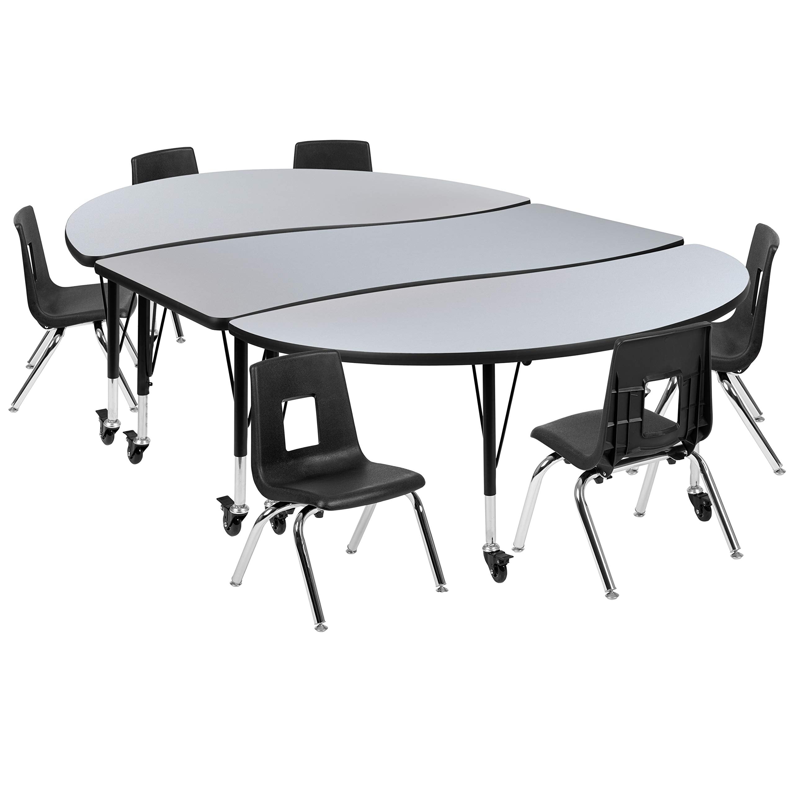 Flash Furniture Emmy Mobile 86" Oval Wave Flexible Laminate Activity Table Set with 12" Student Stack Chairs, Grey/Black