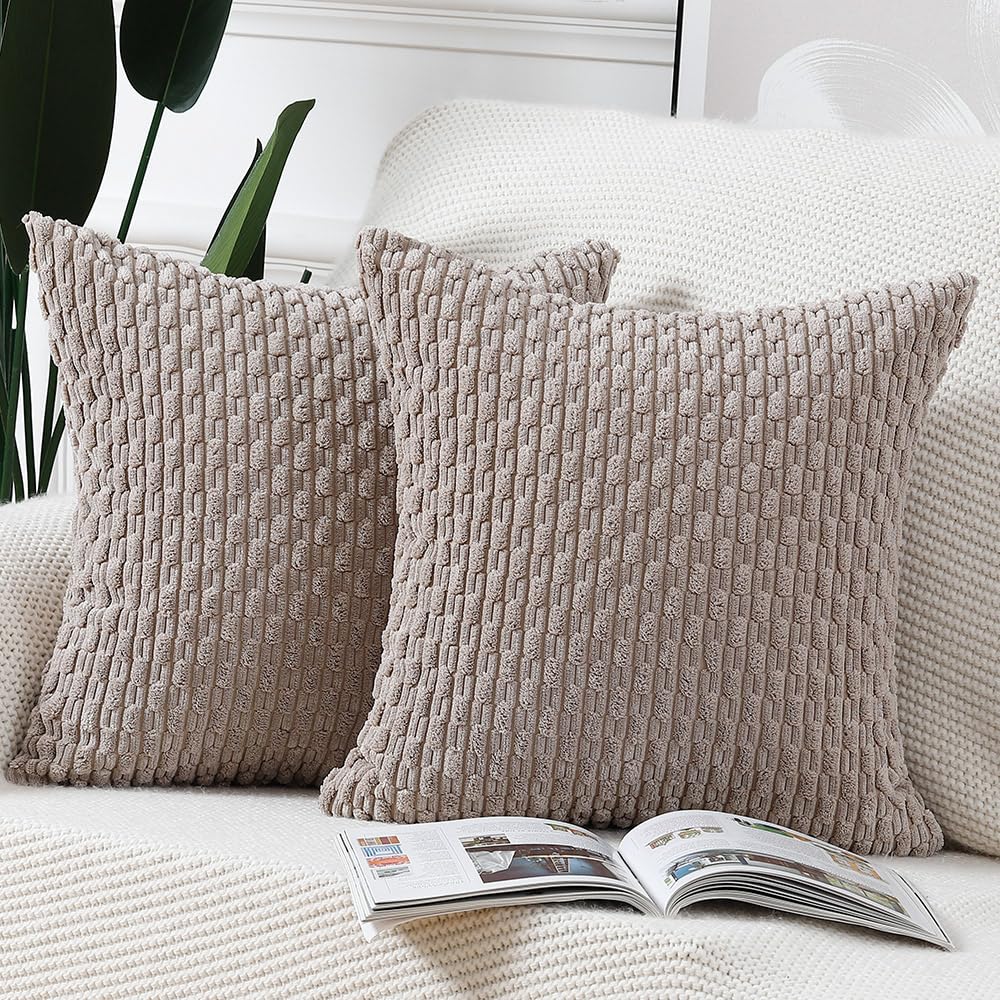 Madizz Pack Of 2 Boho Corduroy Striped Throw Pillow Covers 26X26 Inch Taupe Soft Decorative Cushion Cover For Bedroom Sofa Pillo