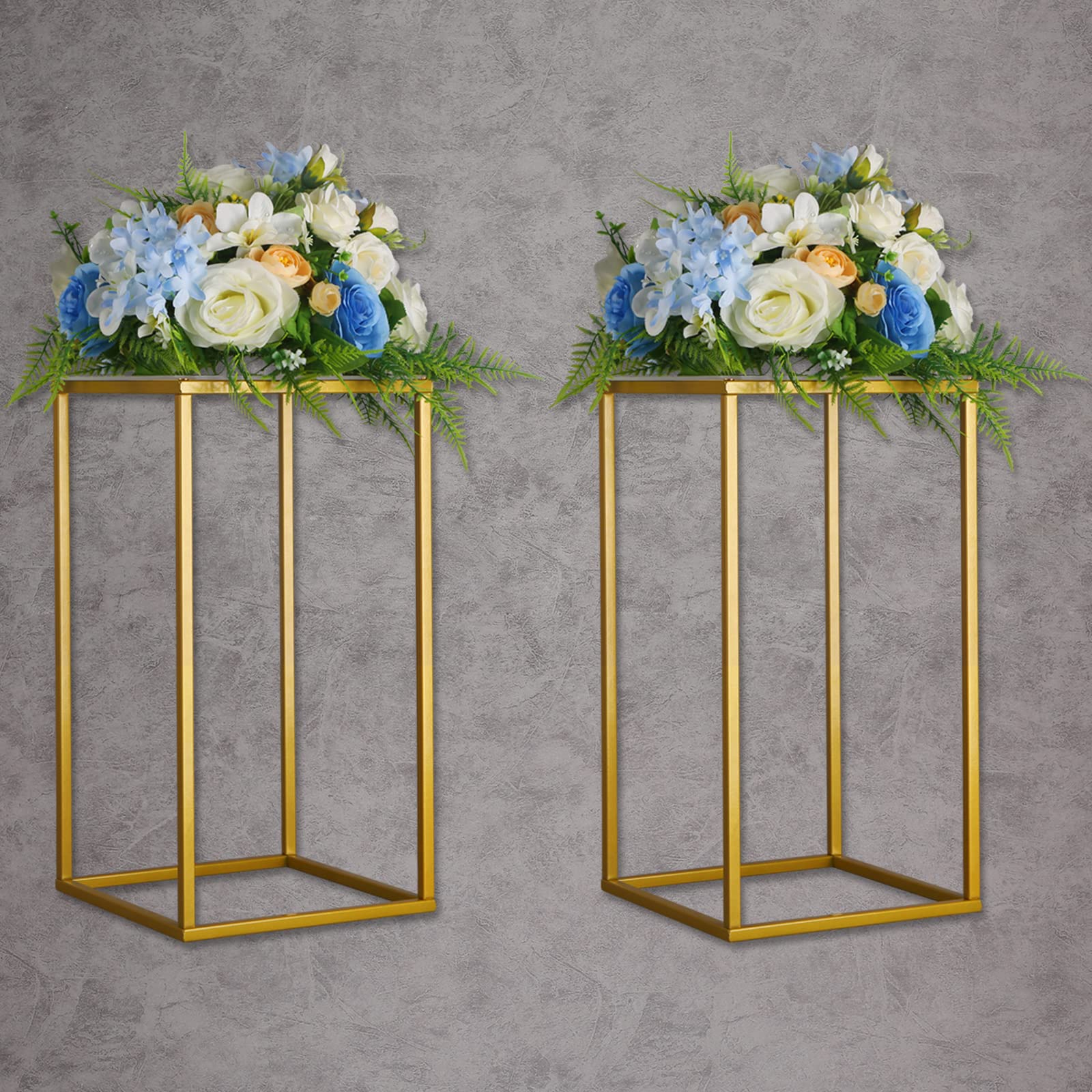 YALLOVE 2 Pack 15.75 Inch Gold Wedding Flower Stand Metal Vase Column Stand Geometric Centerpiece Vase for Home Party Wedding De