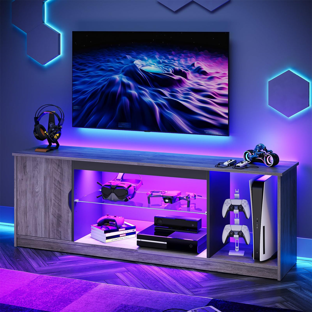 Bestier LED TV Stand for PS5,Modern Gaming Entertainment Center with Cabinet for 60/65 Inch TV, TV Console with Adjustable Glass
