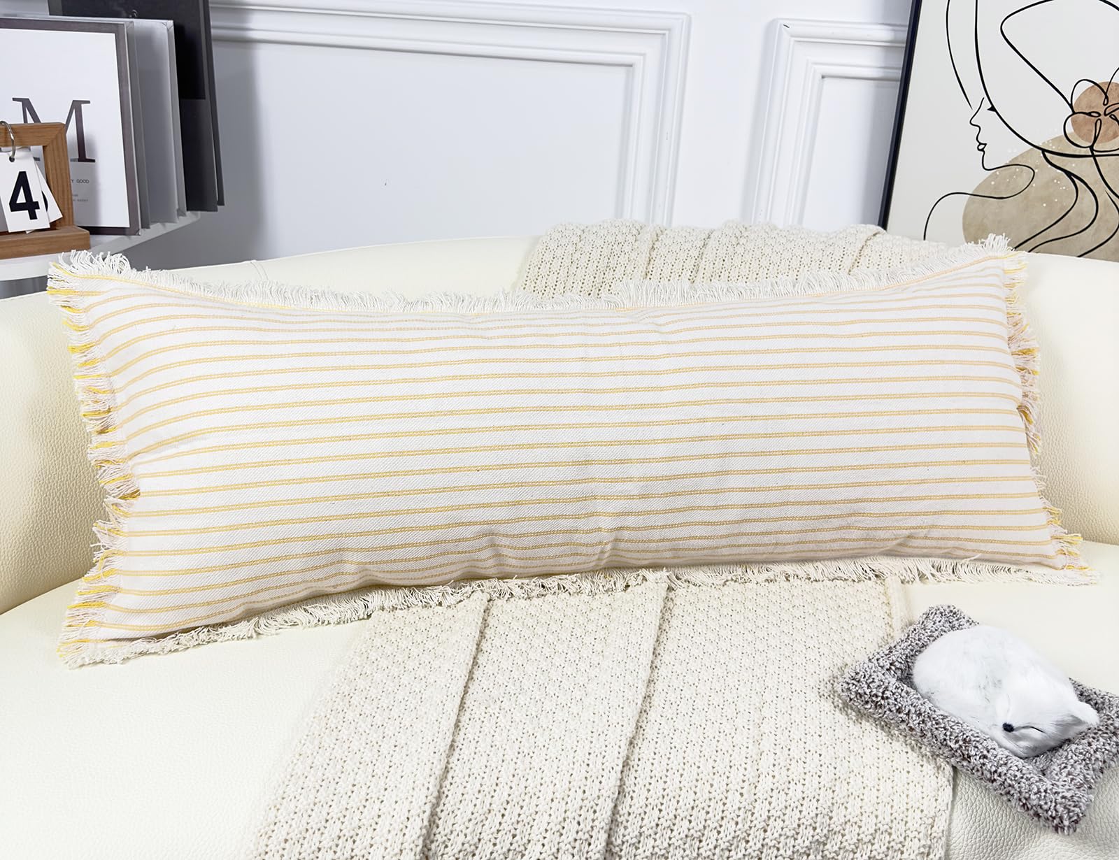 Panod Boho Extra Long Lumbar Pillow Cover 14X36,Cotton Linen Decorative Long Lumbar Throw Pillow Case For Bed Sofa Couch Farmhou