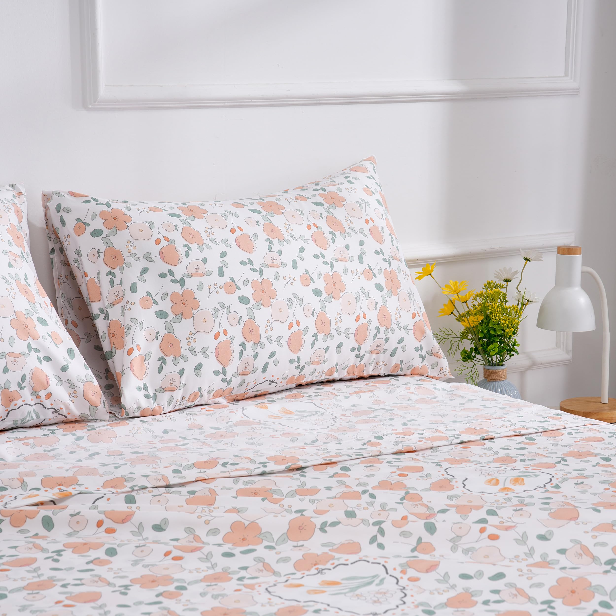 Orange Floral Printed Sheet Set Twin Size Super Soft Cute Sheets For Kids - Deep Pocket, Wrinkle Free Botanical Bed Sheets Set