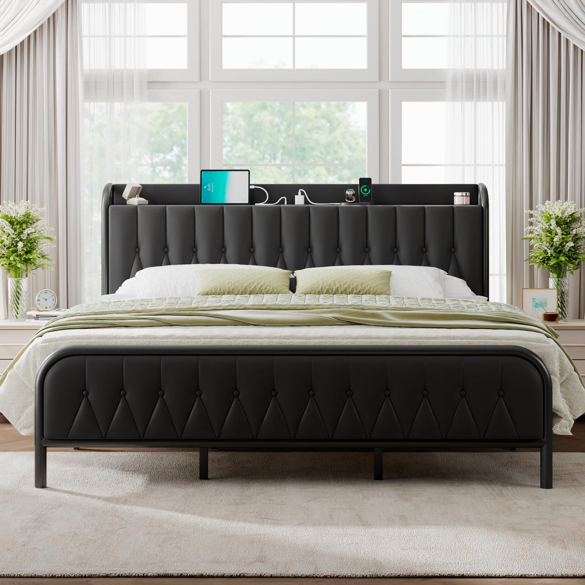 Feonase Leather King Size Bed Frame With Fast Charging Station,Metal Platform King Beds With Upholstered Headboard & Footboard,12' Underbed Storage Space, Easy Assembly,Noise-Free,Black