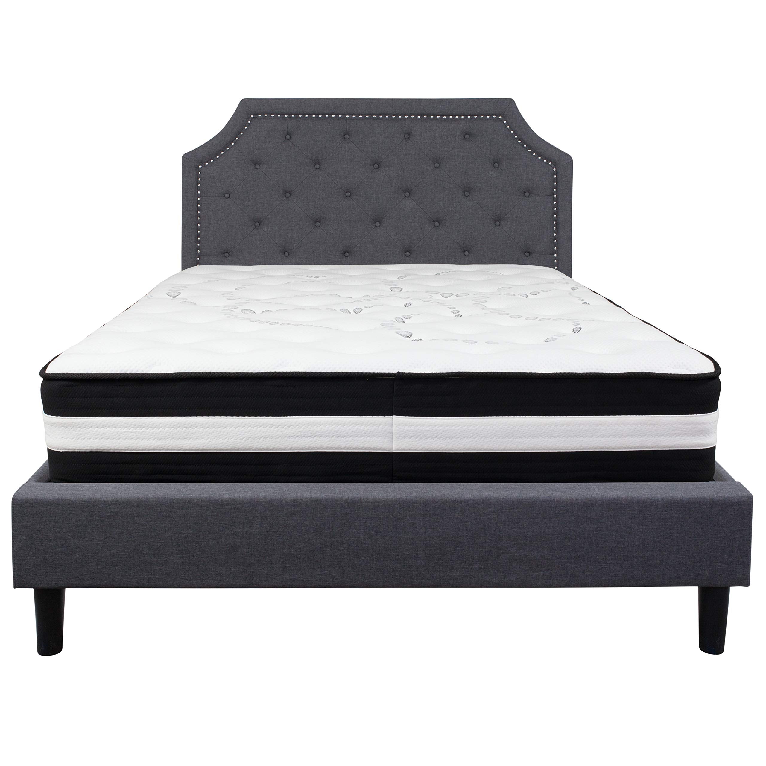 Flash Furniture Brighton Queen Size Tufted Upholstered Platform Bed In Dark Gray Fabric With Pocket Spring Mattress