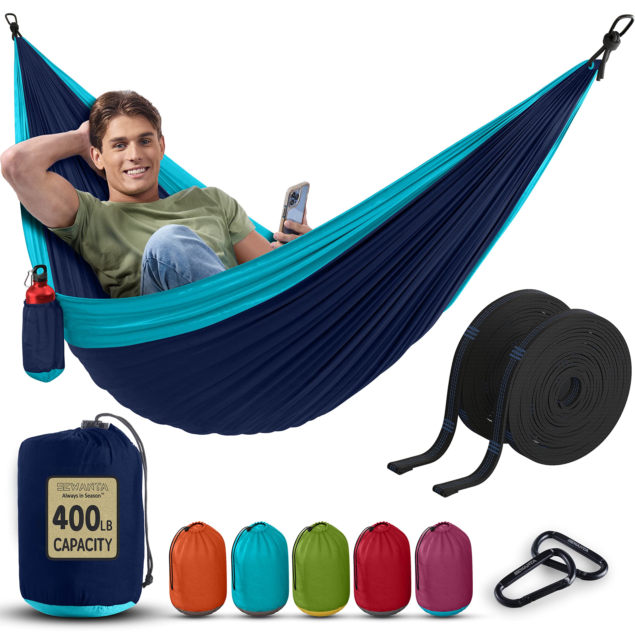 Durable Hammock 400 lb Capacity - Lightweight Nylon Camping Hammock Chair - Double or Single Sizes w/ Tree Straps and Attached C