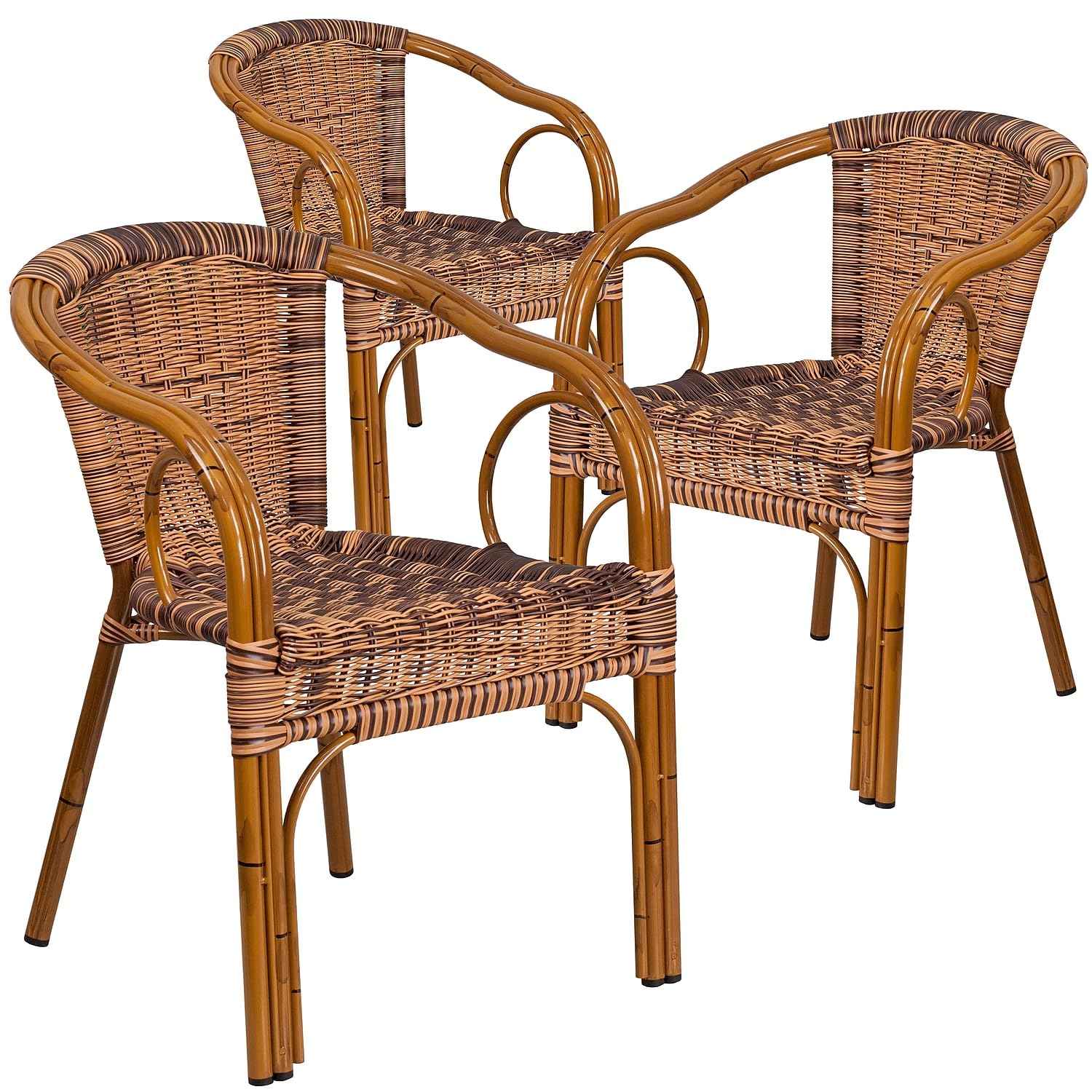 Burning Brown Rattan Patio Chair-Dark Red Bamboo-Aluminum Frame pack of 3