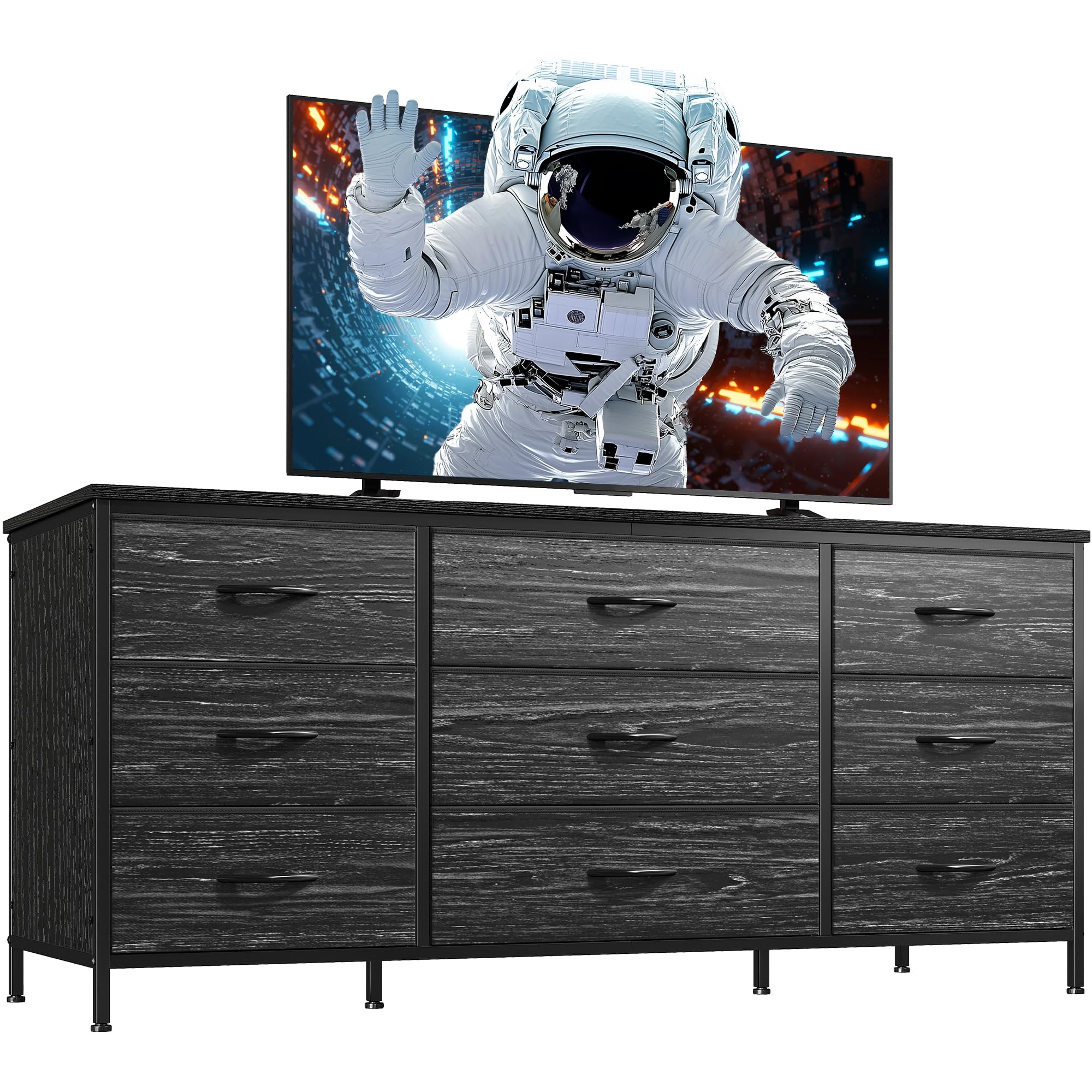 Enhomee Dresser Tv Stand With 9 Drawers For 60'' Tv Stand For Bedroom Long Dresser For Bedroom Wide Dressers & Chests Of Drawers, Sturdy Metal Frame & Wood Top, Living Room, Closet, Charcoal Black