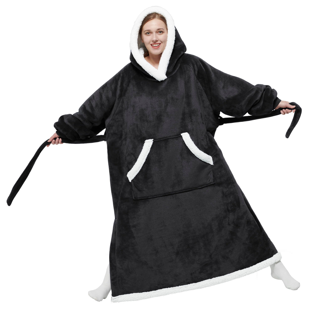 Bedsure Ovesized Wearable Blanket Hoodie, Long Sherpa Fleece Blanket Sweatshirt, With Warm Big Hood, Side Split And Belt, Black,