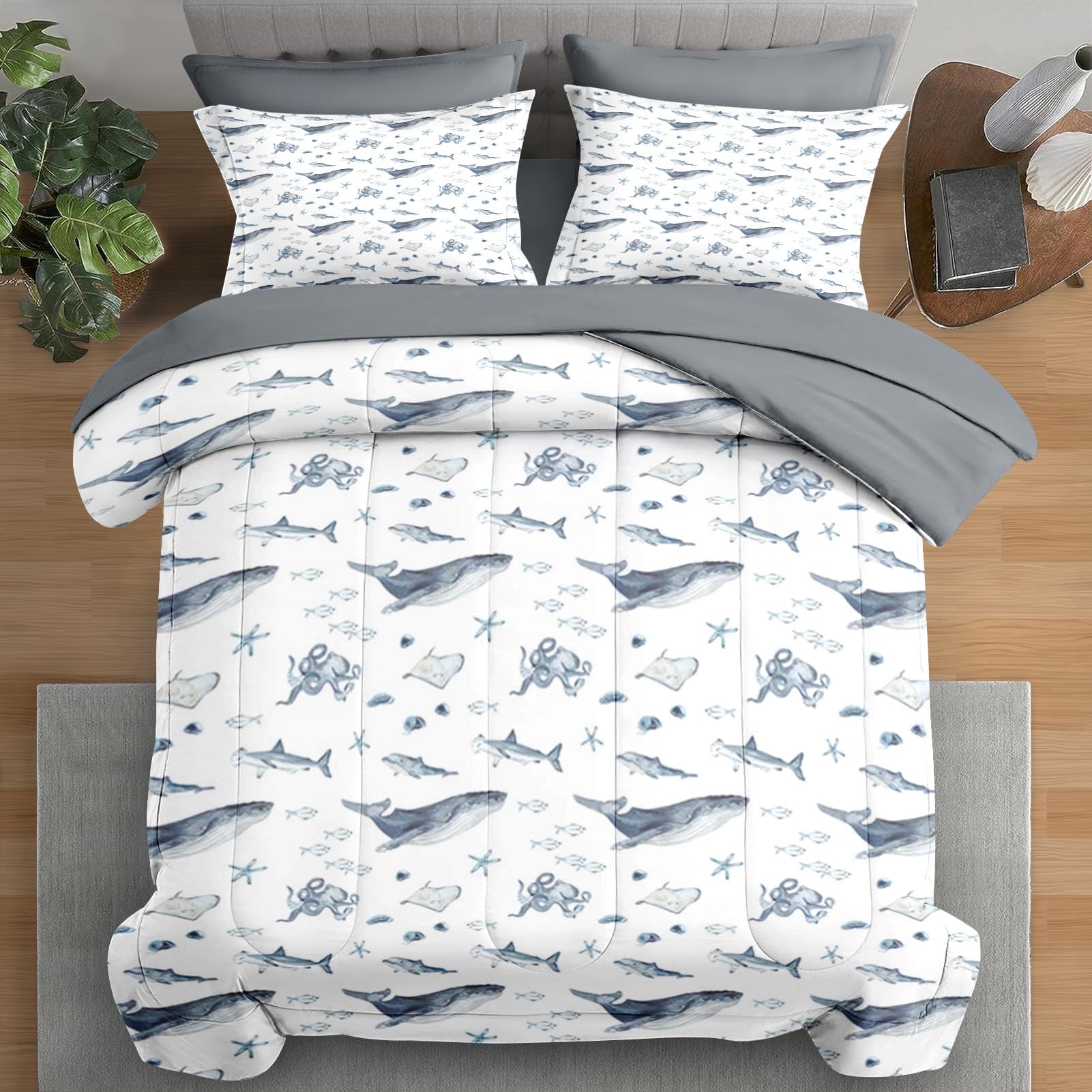 Pamnest Comforter Set Queen Size, Whale Jellyfish 7 Pcs Bedding For Kids And Adults, Shark Dolphin Octopus Bed Sheet Sets With F