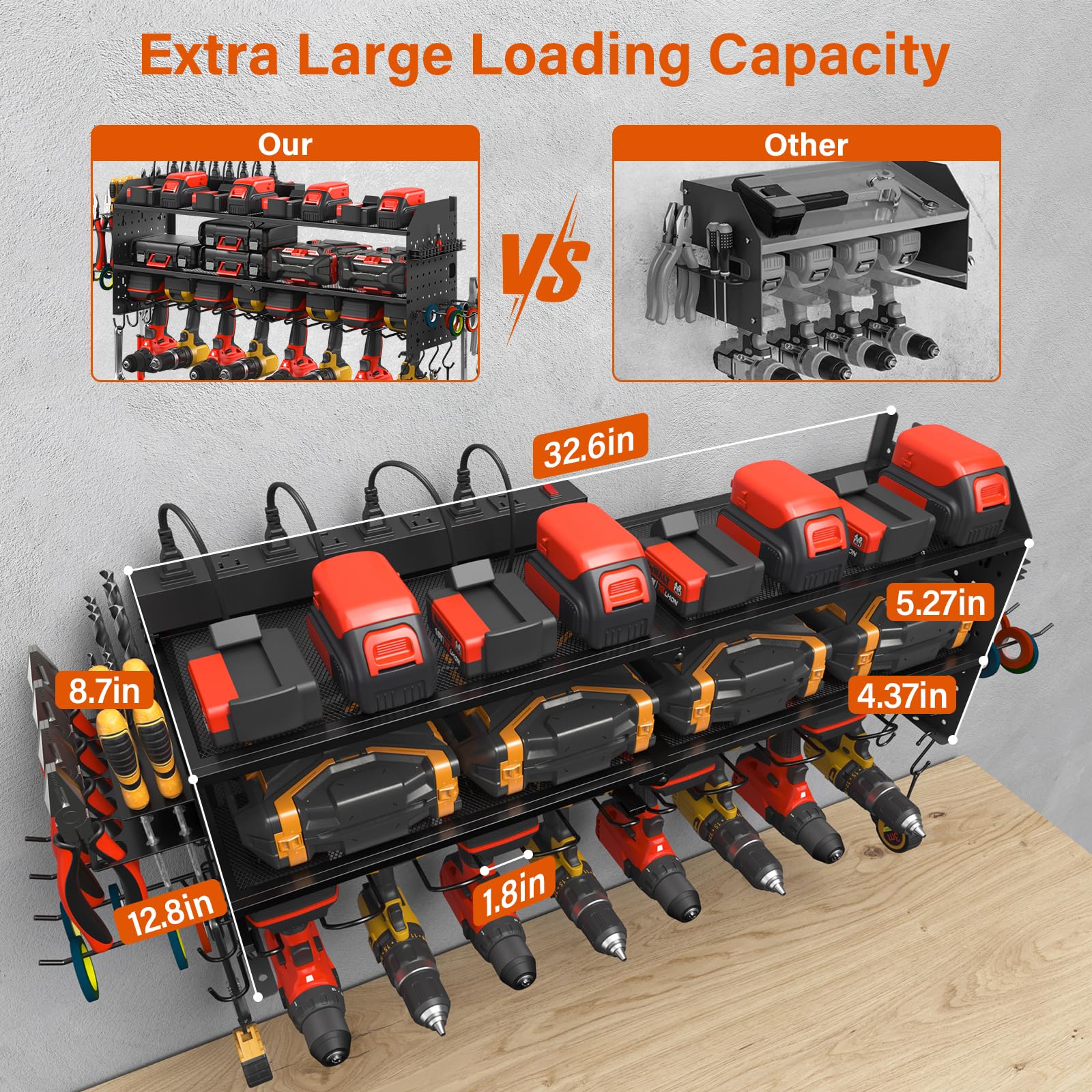 Junnuj Large Pegboard Power Tool Organizer With Charging Station, 8 Drills Driver And Tools Battery Holder Wall Mount With 8 Outlet Power Strip, Black 3-Layer Shop Garage Storage Utility Rack