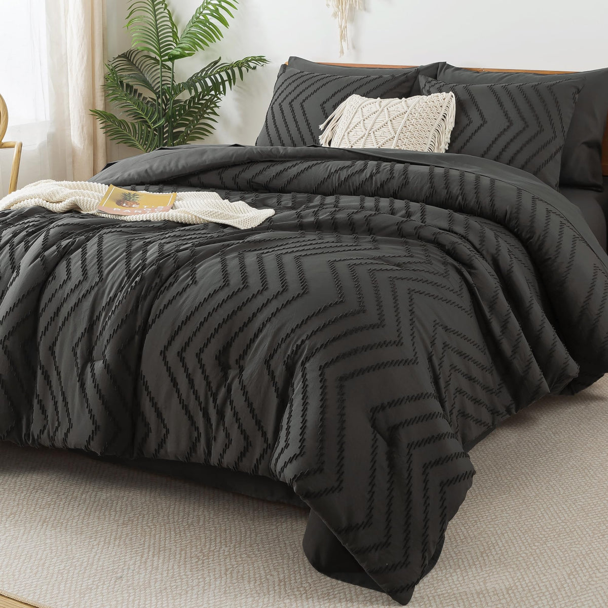 Litanika Dark Grey Full Size Comforter Set With Sheets - 7 Pieces Bed In A Bag Full Tufted Complete Beddding Sets With Comforter
