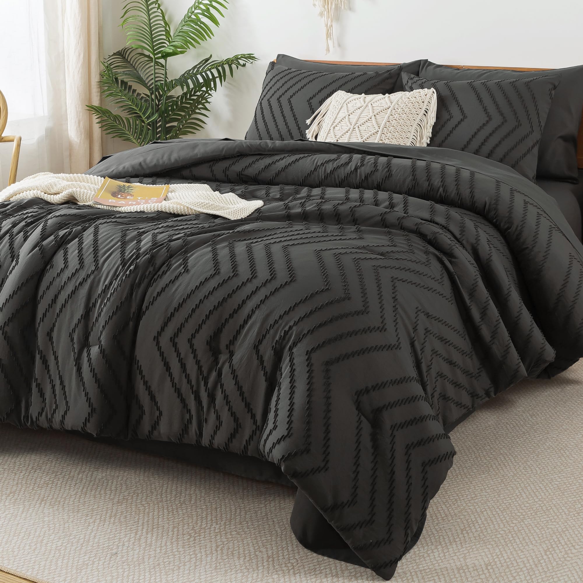 Litanika Dark Grey Full Size Comforter Set With Sheets - 7 Pieces Bed In A Bag Full Tufted Complete Beddding Sets With Comforter