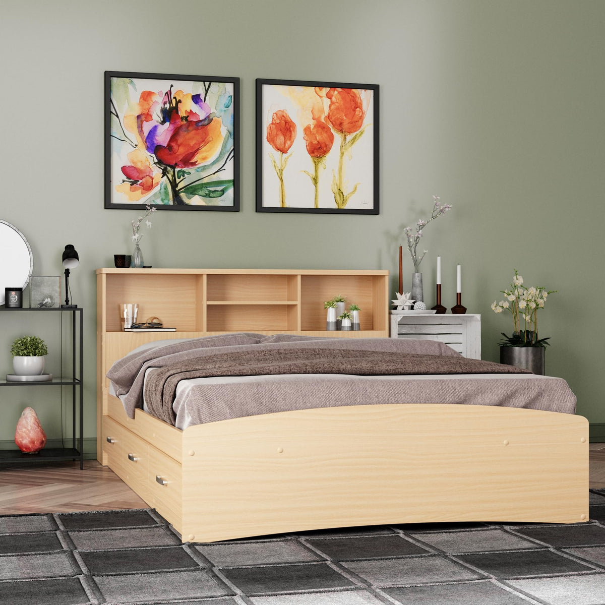 Bed with 3 Drawers and Bookcase Headboard (Beech, Full)