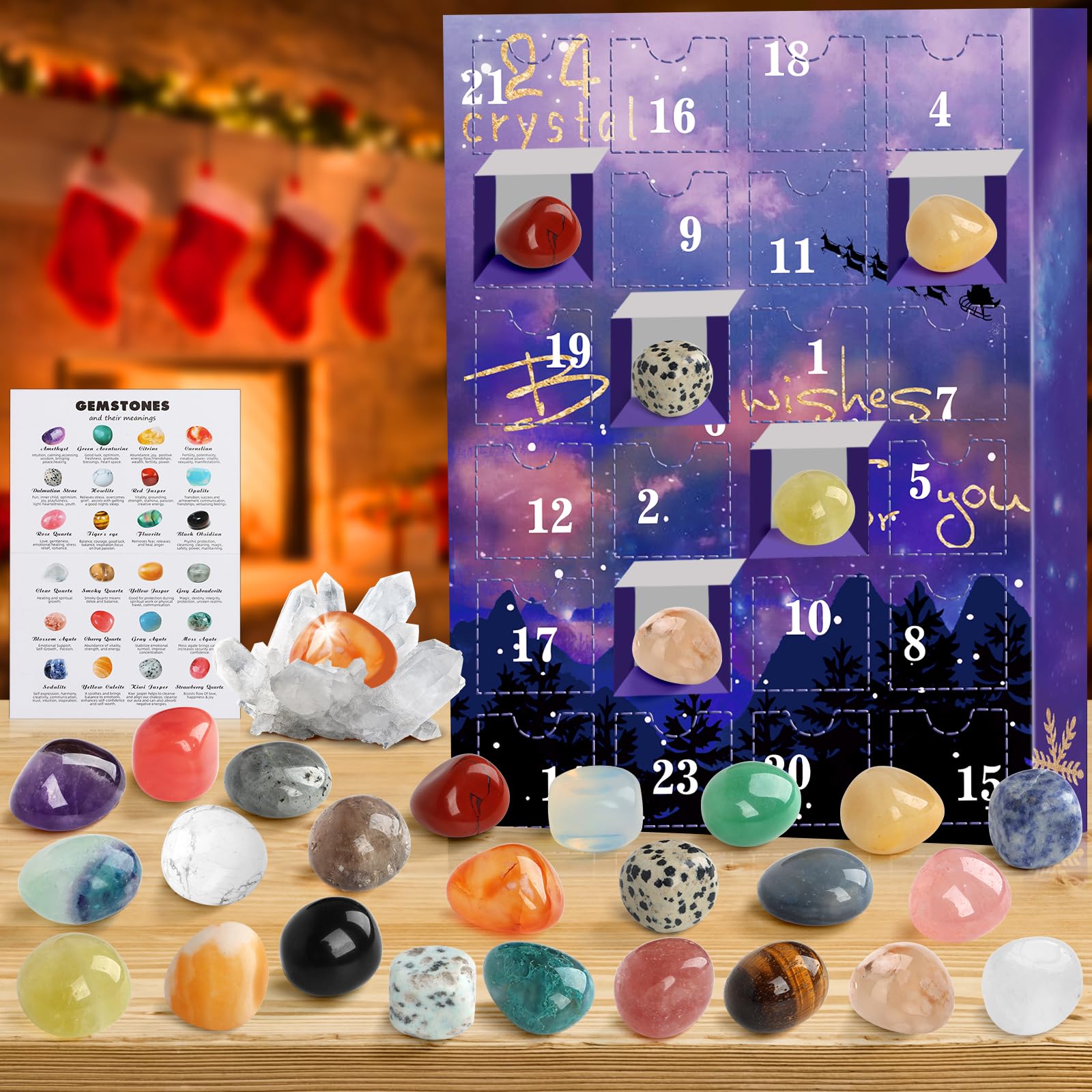 Advent Calendar 2023, 24 Days Natural Crystal Agate Stone Minerals & Fossils Gem Advent Calendars 2023 for Kids,Christmas Countd