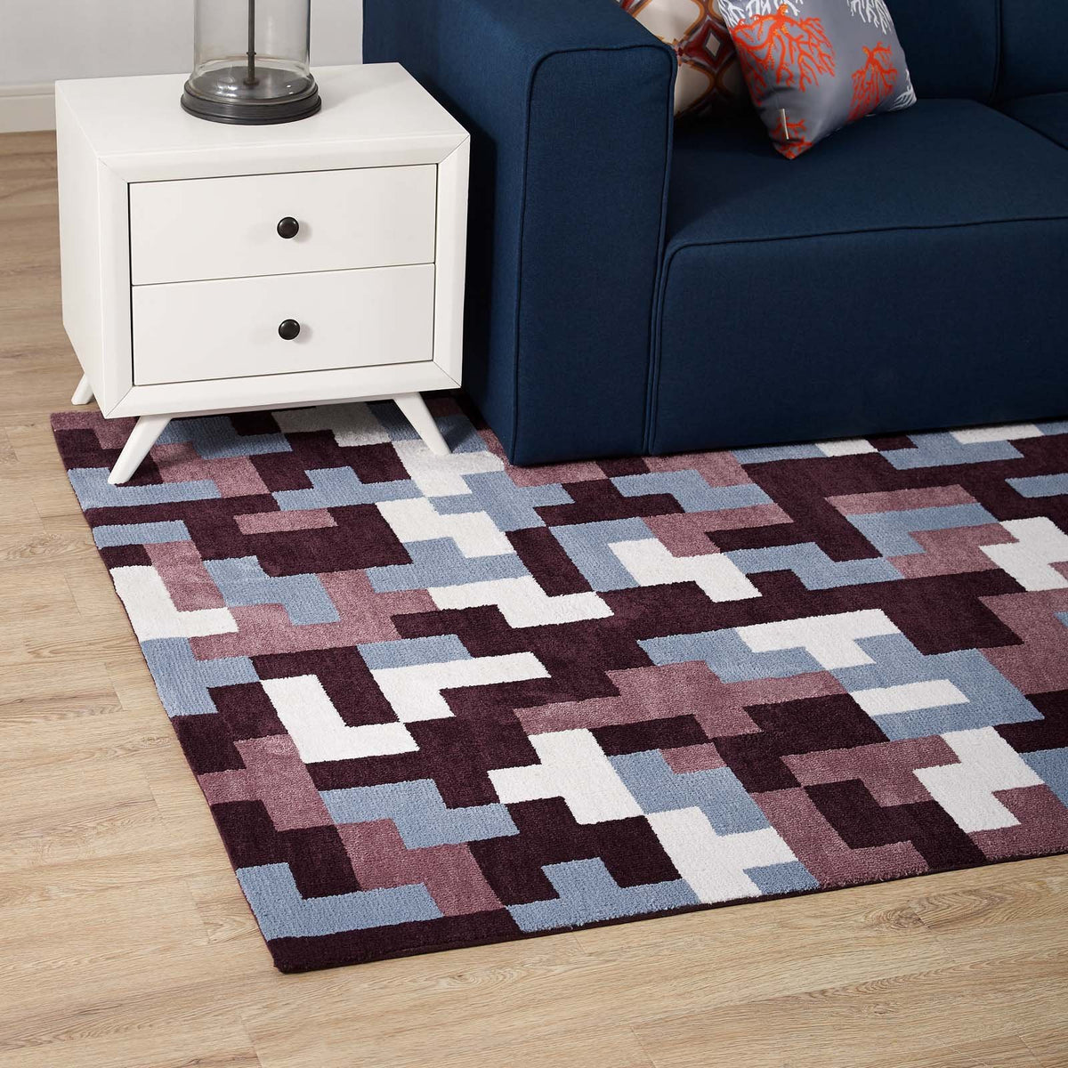 Modway Andela Interlocking Block Mosaic 5X8 Area Rug In Multicolored Red And Light Blue