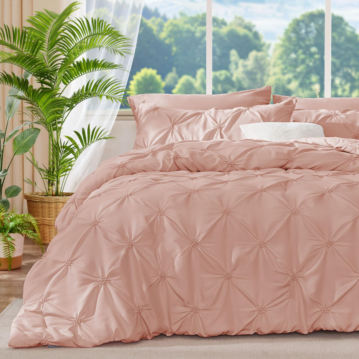 Bedelite Dusty Pink Queen Comforter Set - 3 Pieces Boho Pintuck Bedding Comforter Sets, Lightweight Soft & Warm Bed Comforter Qu