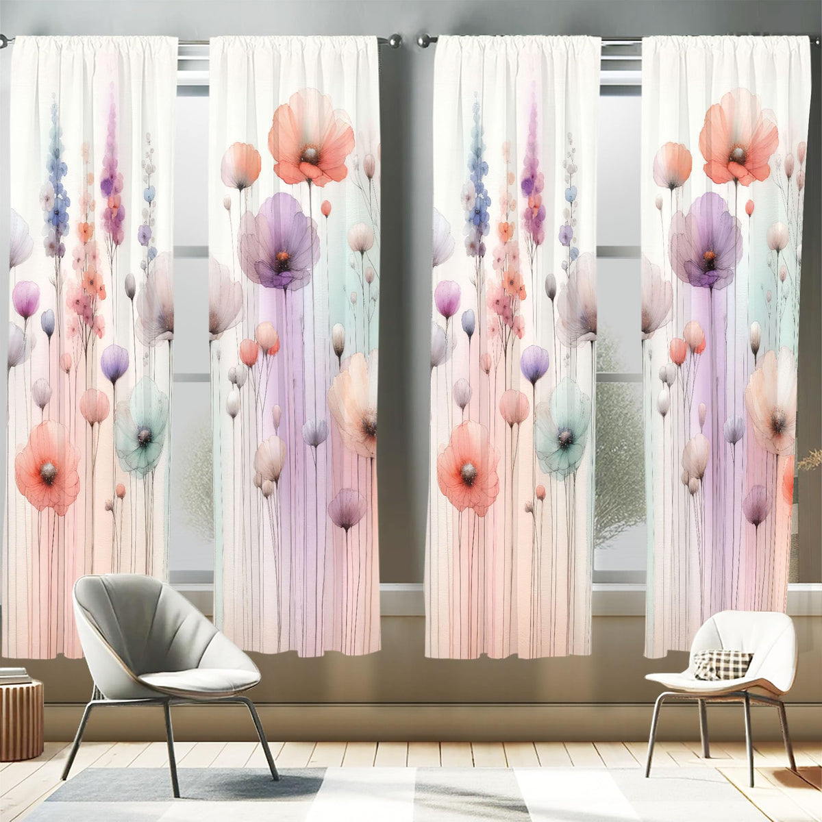Ambesonne Floral Window Curtains Pack Of 2, Dreamy Silhouettes Of Fantasy Woods Gentle Poppy Flowers And Lavenders, Lightweight