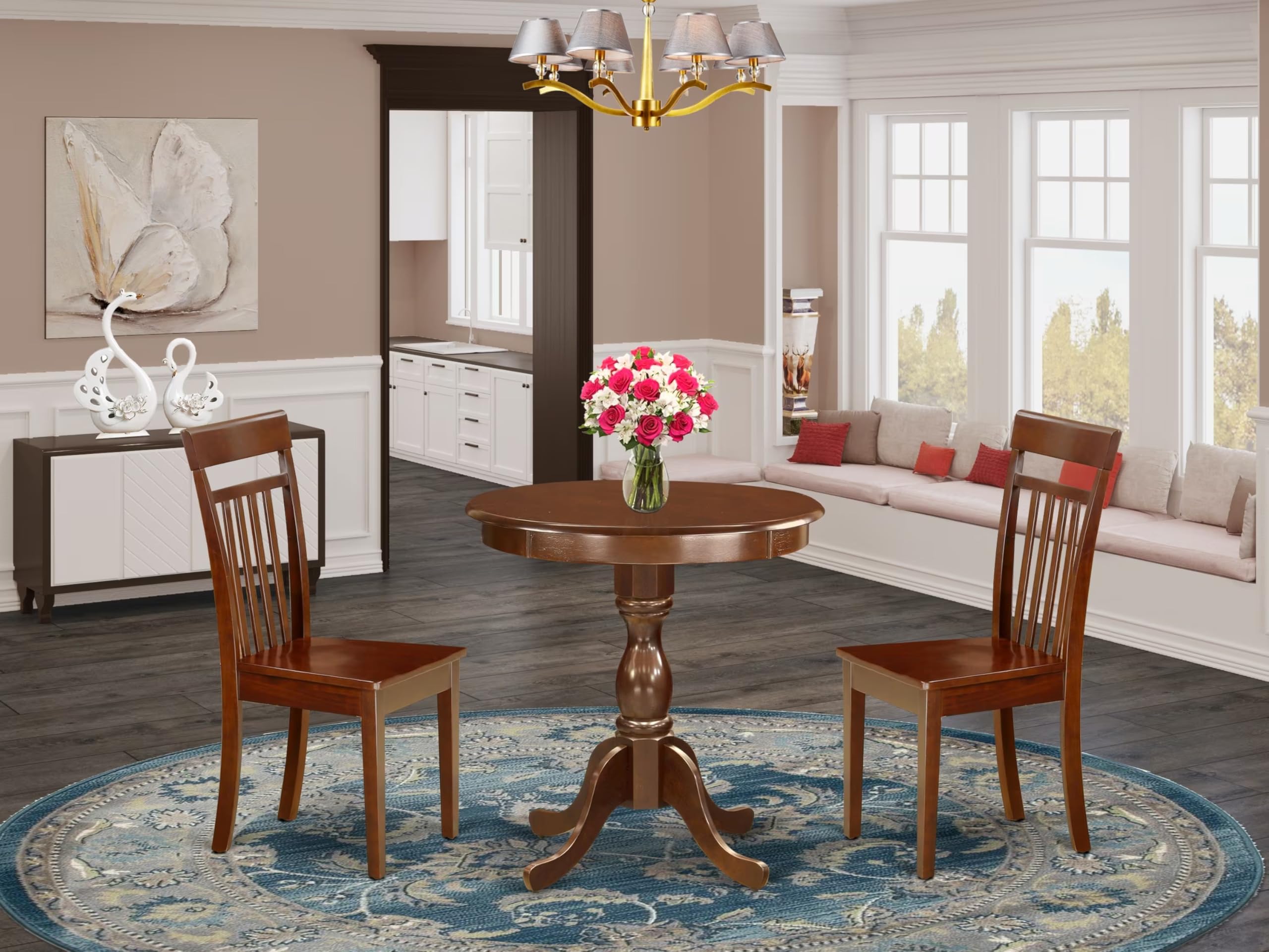 East West Furniture Esca3-Mah-W 3 Piece Dinette Set For Small Spaces Contains A Round Dining Table With Pedestal And 2 Kitchen Dining Chairs, 30X30 Inch, Mahogany