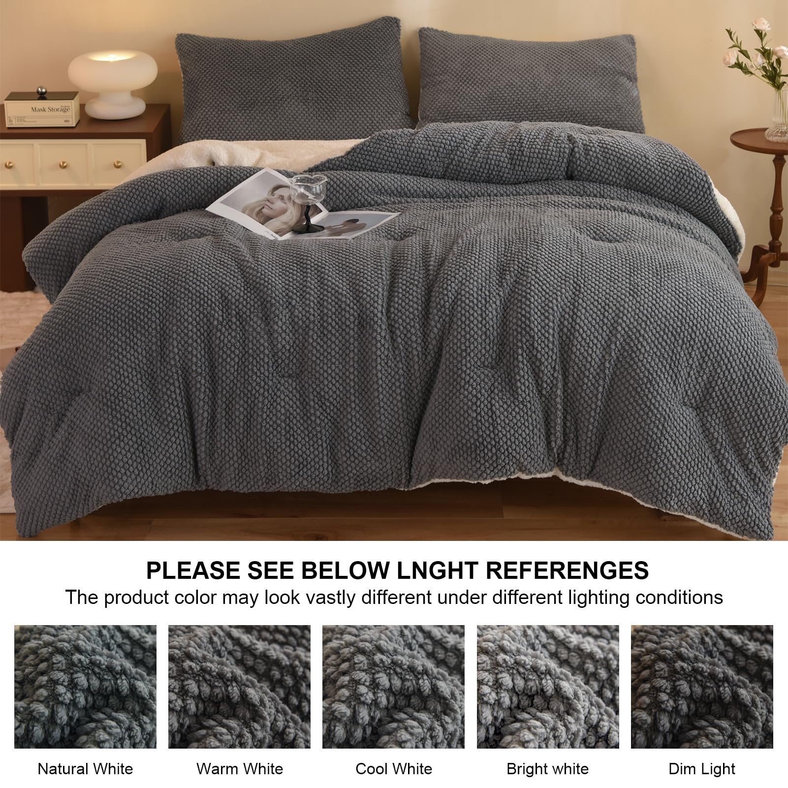 Llancl 3D Jacquard Design Comforter Set, Ultra-Soft Warm King Size Sherpa Fur Plush 3-Pieces Sets Luxury Cozy Bedding With 2 Pil