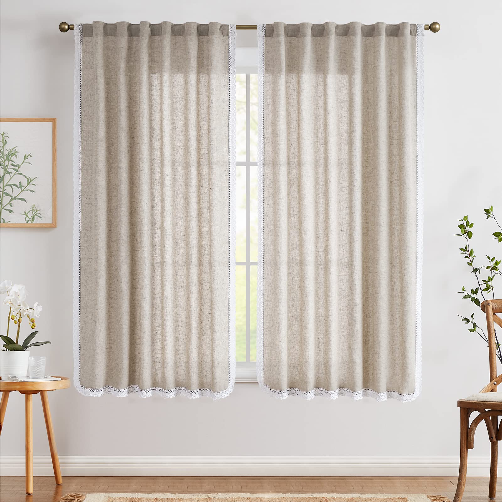Jinchan Linen Blend Curtains 63 Inch Length 2 Panels Farmhouse Curtains With Lace Trim For Living Room Taupe Rustic Curtains Rod Pocket Back Tab Light Filtering Curtains Bedroom Window Curtain Set