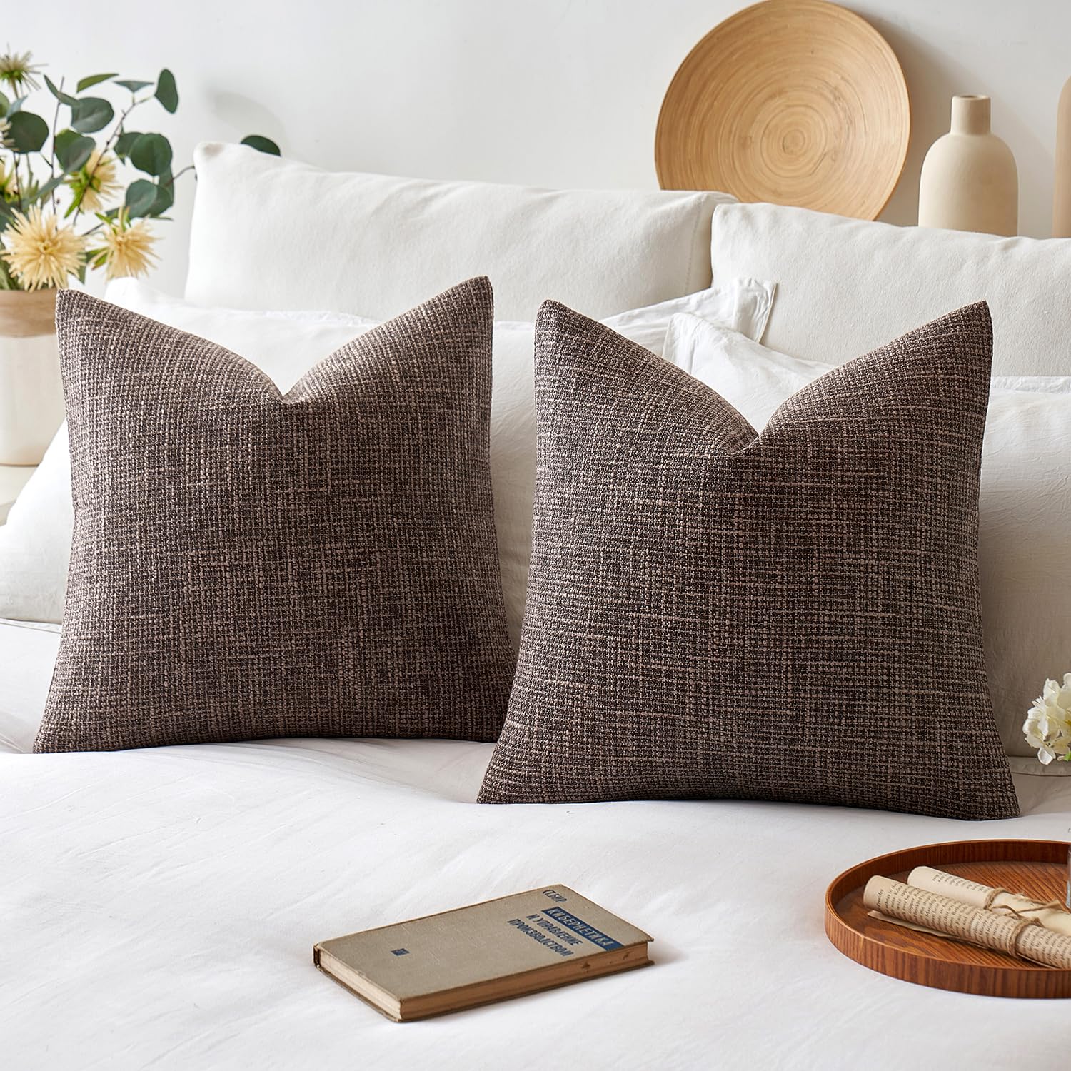 Miulee Burlap Linen Throw Pillow Covers 20X20 Inch Dark Coffee Decorative Pillow Covers Modern Farmhouse Pillowcases Soft Accent