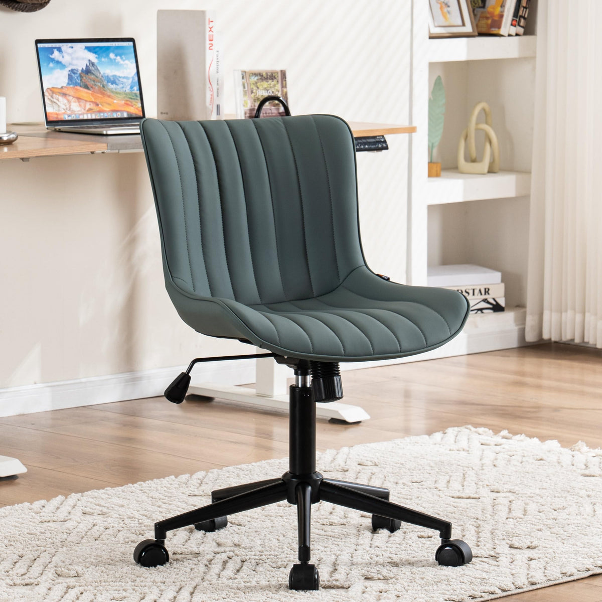 Younike Ergonomic Home Office Desk Chair With Wheels Comfy Armless Vanity Chair With Back Modern Leather Upholstered Task Chair
