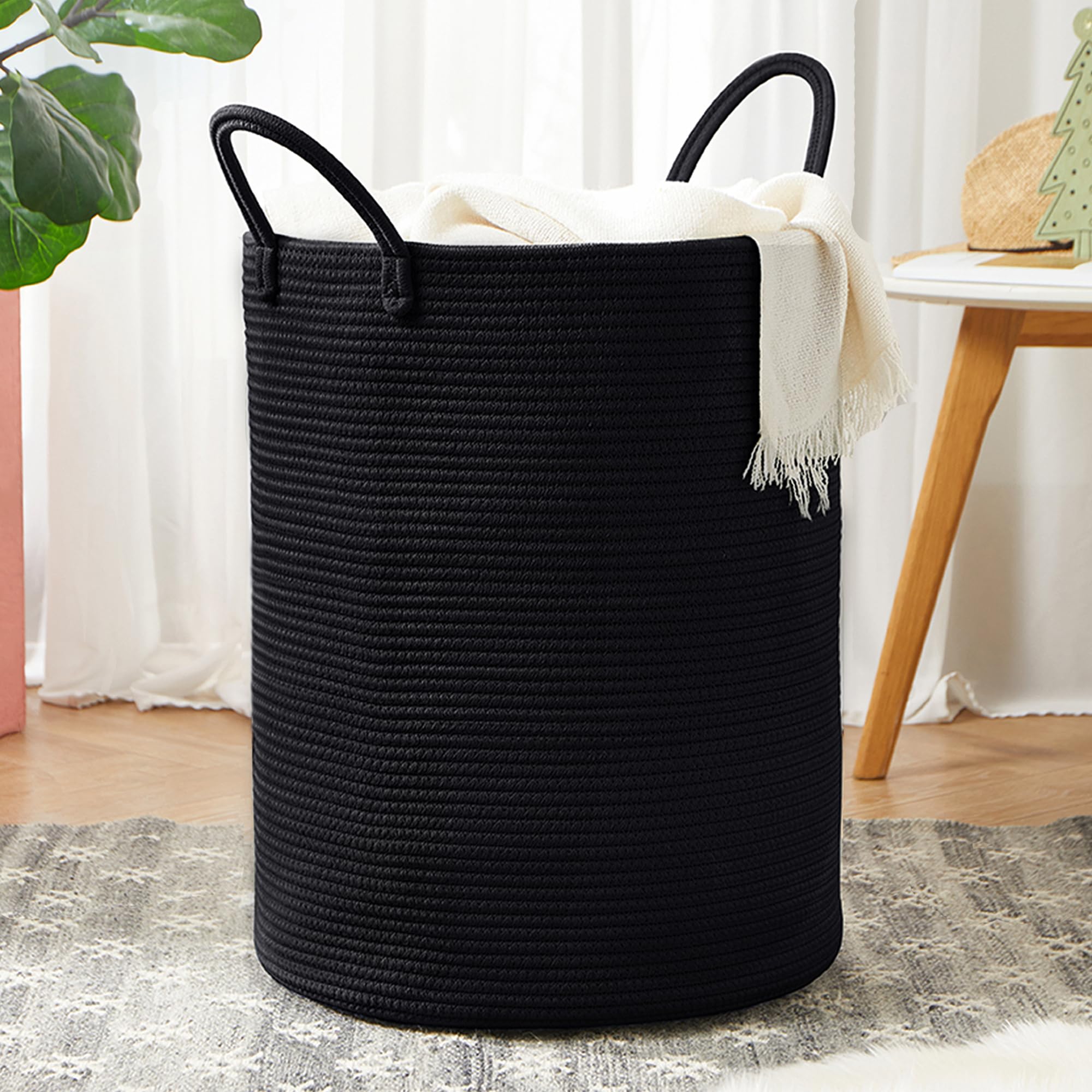MOJOSCEND Jute Woven Rope Laundry Hamper Basket, 62L Tall Hamper Basket for Blanket Storage, Nursery Clothes Hamper for Laundry 