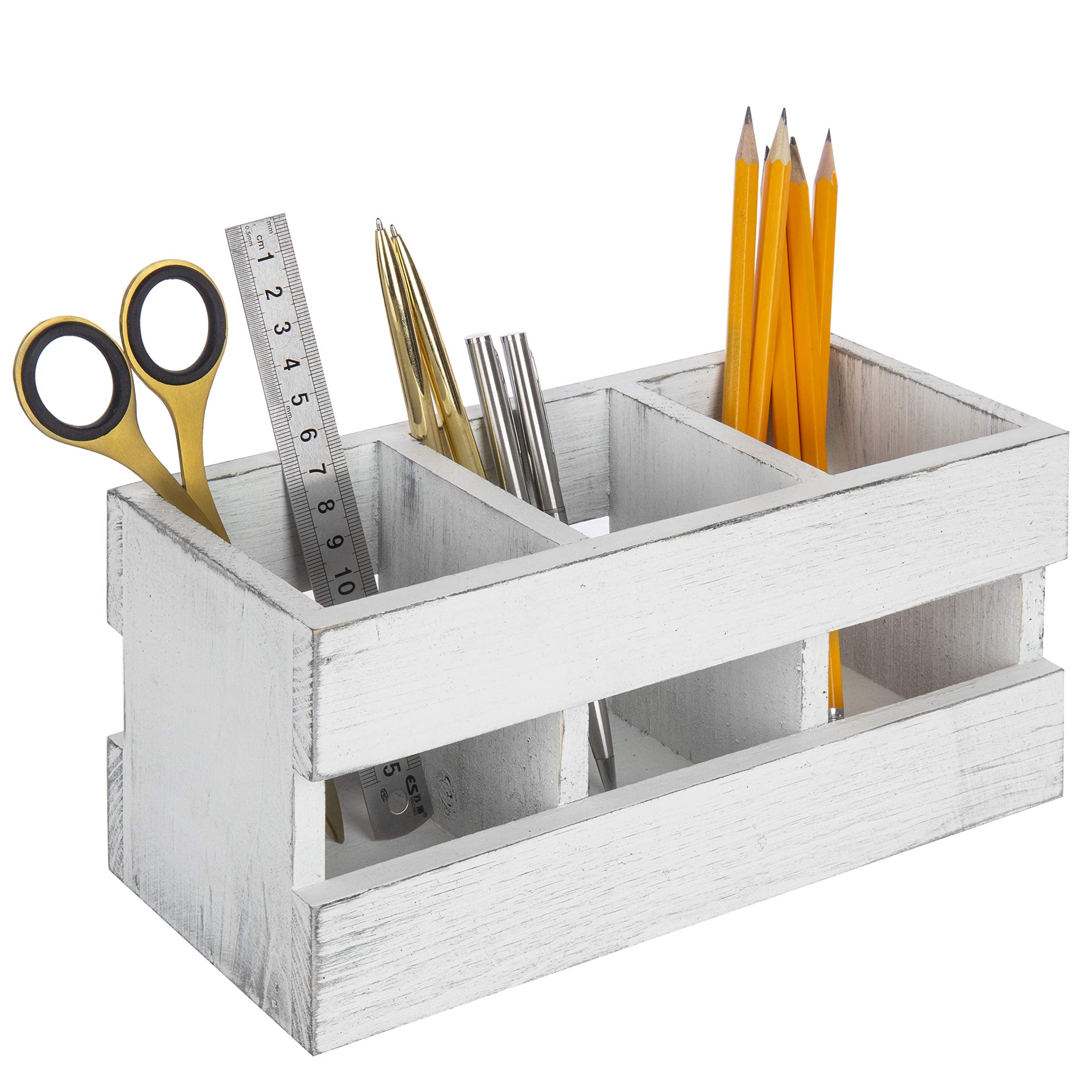 Mygift 3-Compartment Vintage White Solid Wood Desktop Office Supplies Caddy Pen Pencil Cup Holder Desk Organizer, Makeup Brush A