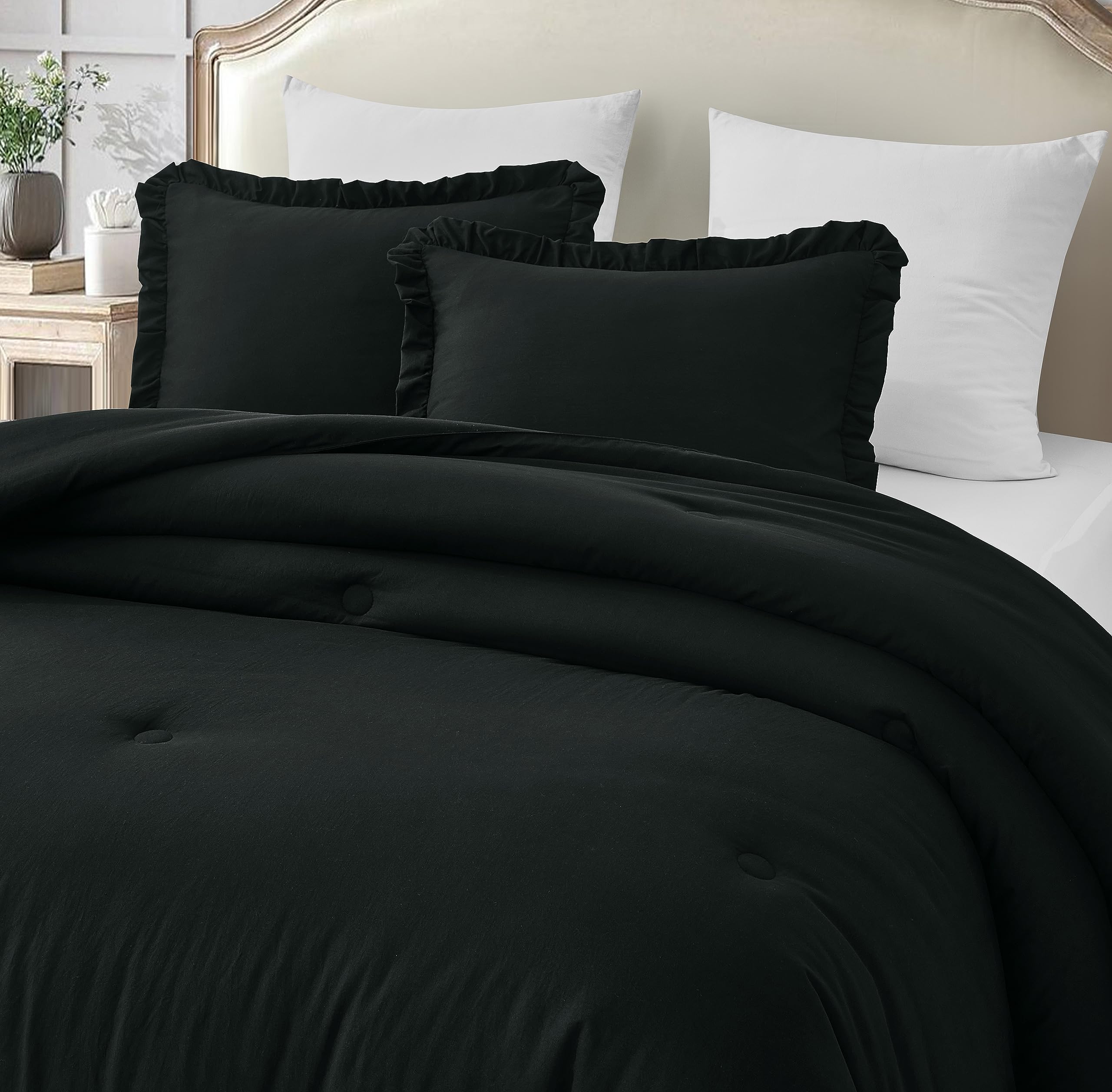 Chezmoi Collection Nora Black Comforter Set Full Size 3-Piece Fluffy Soft Lightweight Bedding Ruffled Edge Trim Stone-Washed Mic