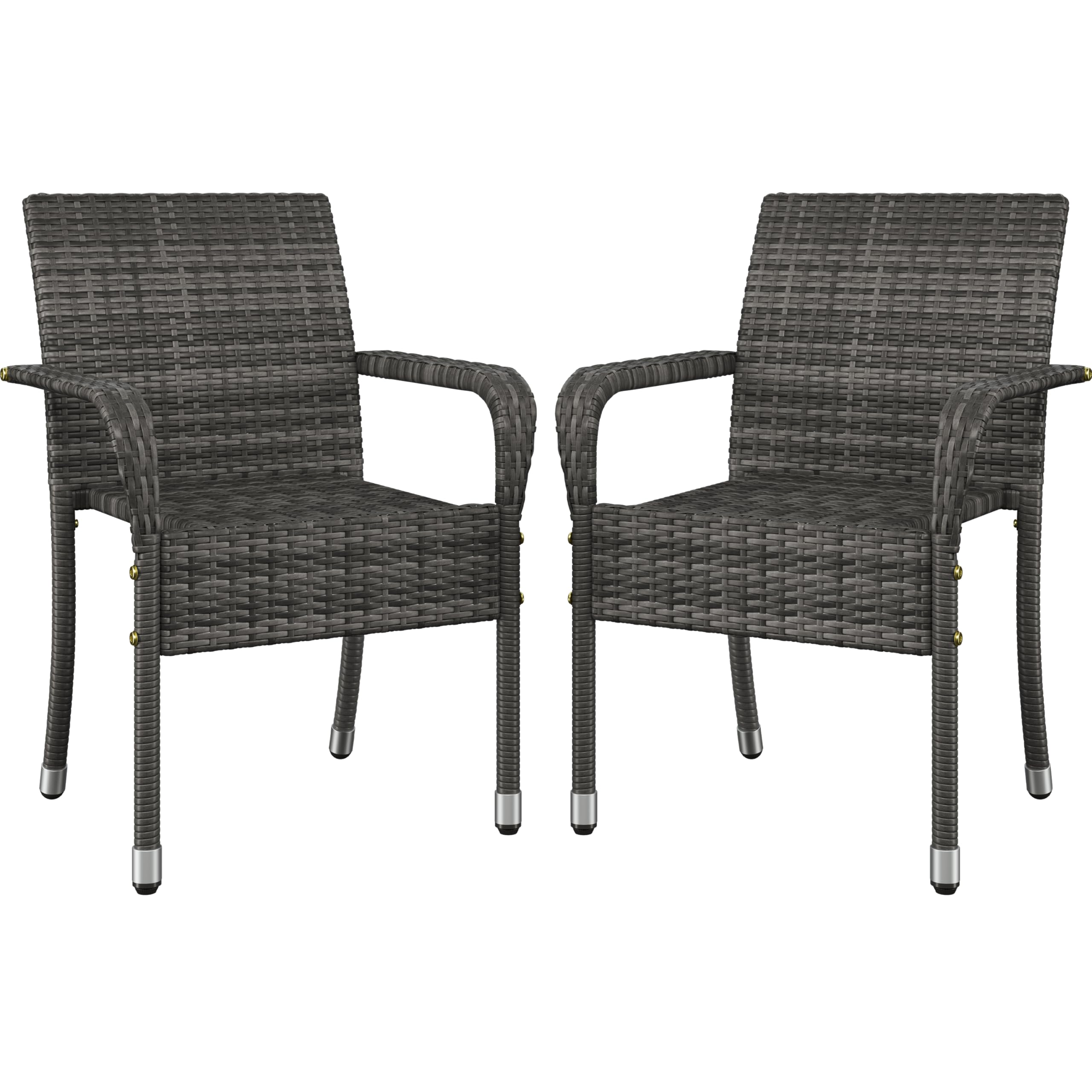 Yaheetech Set of 2 Stackable Outdoor Rattan Dining Chairs, All-Weather Firepits Armchair w/Armrests, Steel Frame for Garden, Pat