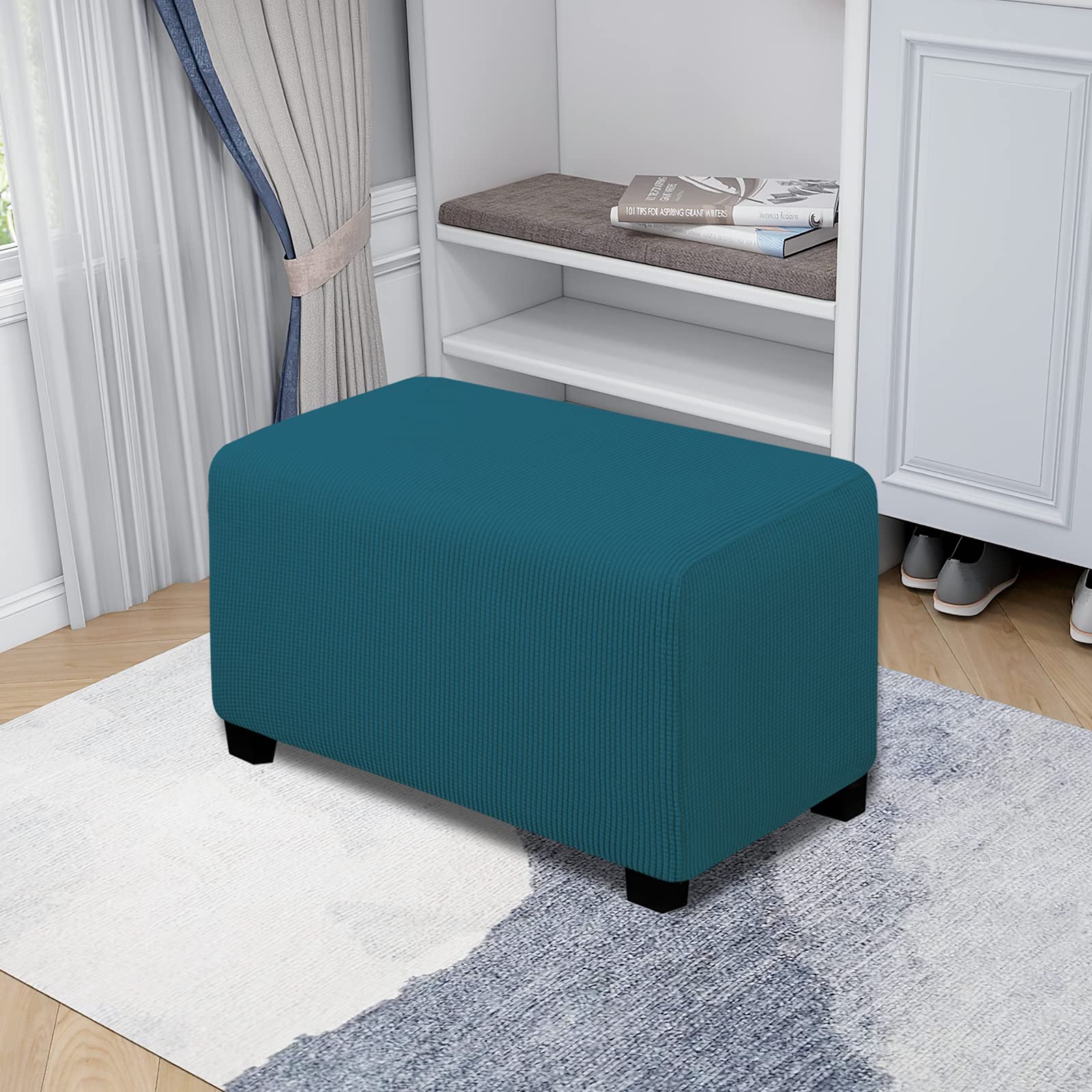 Easy-Going Stretch Ottoman Cover Folding Storage Stool Furniture Protector Soft Rectangle Slipcover With Elastic Bottom(Ottoman Small,Peacock Blue)