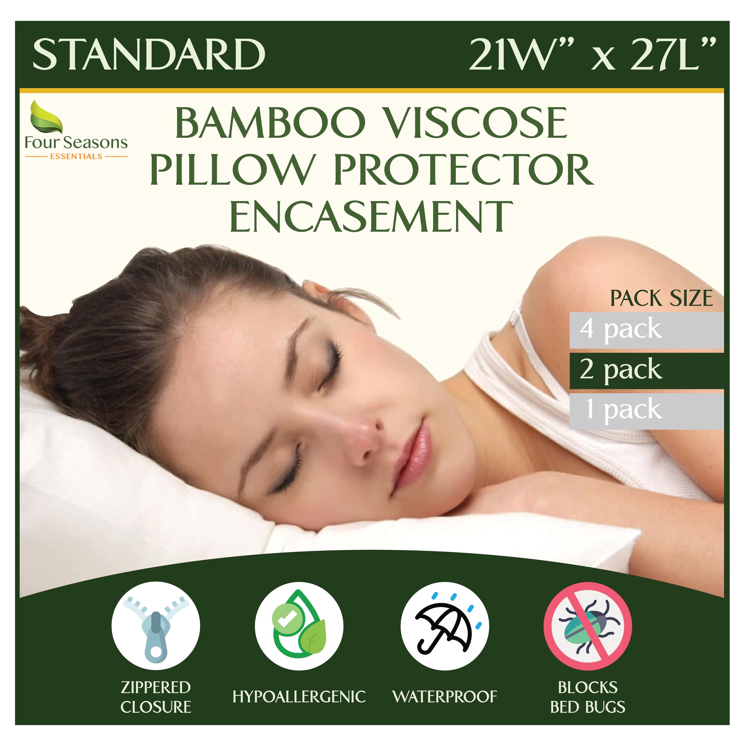 Four Seasons Essentials Standard Size Waterproof Pillow Protectors (Set Of 2) - Natural Viscose Derived From Bamboo Pillow Cover