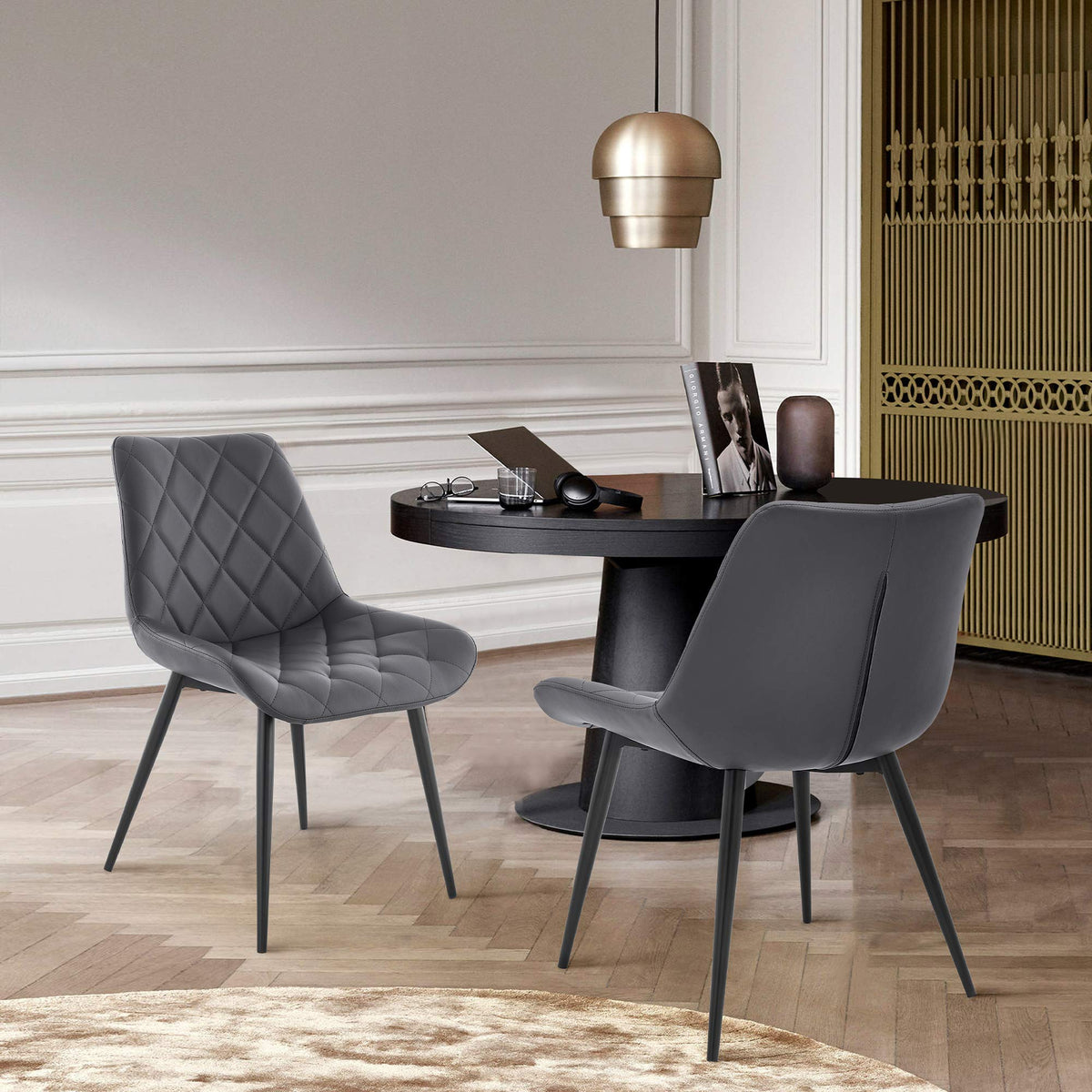 Armen Living Loralie Faux Leather and Black Metal Dining Chairs-Set of 2, 17 '' Seat Height, Gray