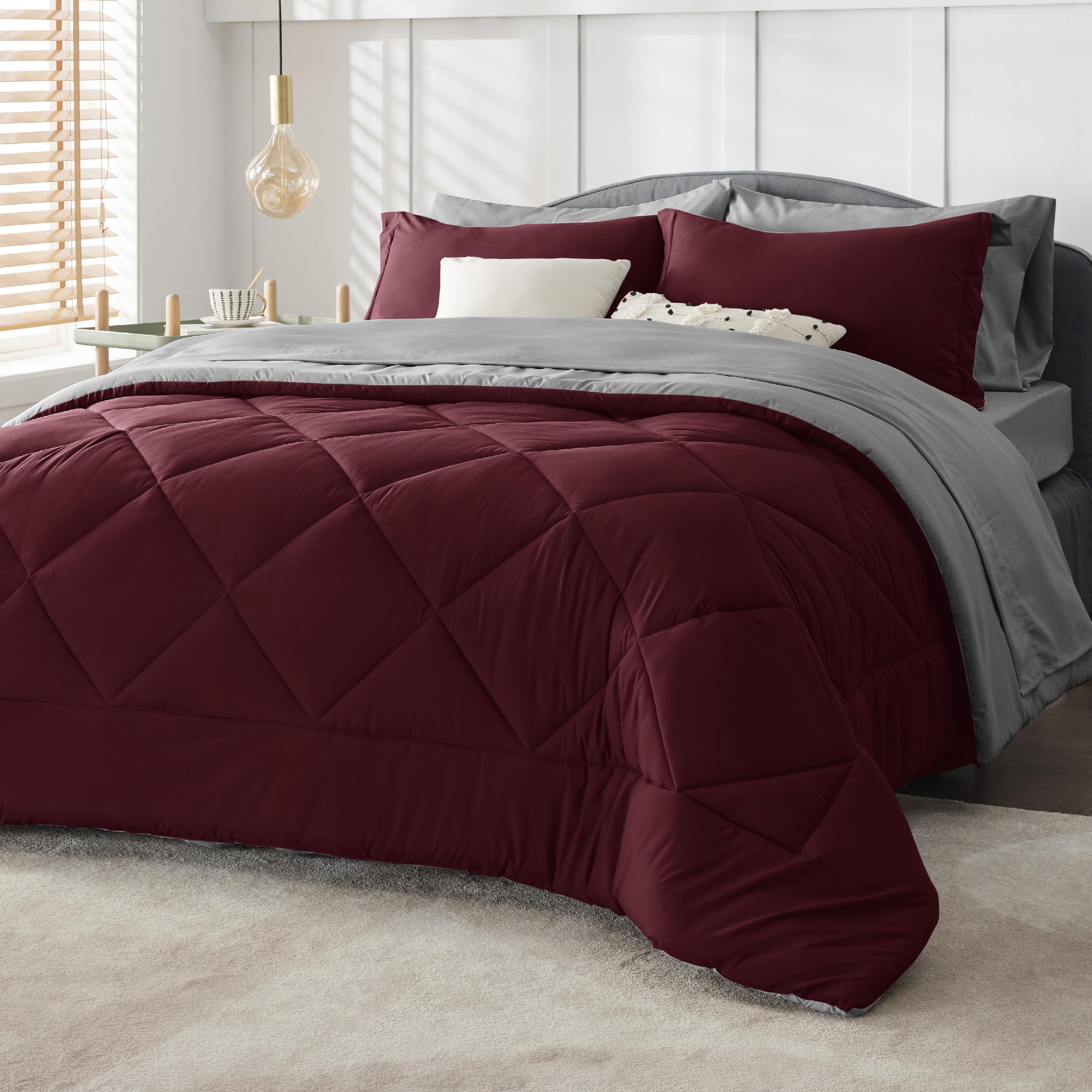 Bedsure Burgundy Twin Comforter Set - 5 Pieces Reversible Twin Bed In A Bag, Extra Long Twin Bed Set With Comforters, Sheets, Pi