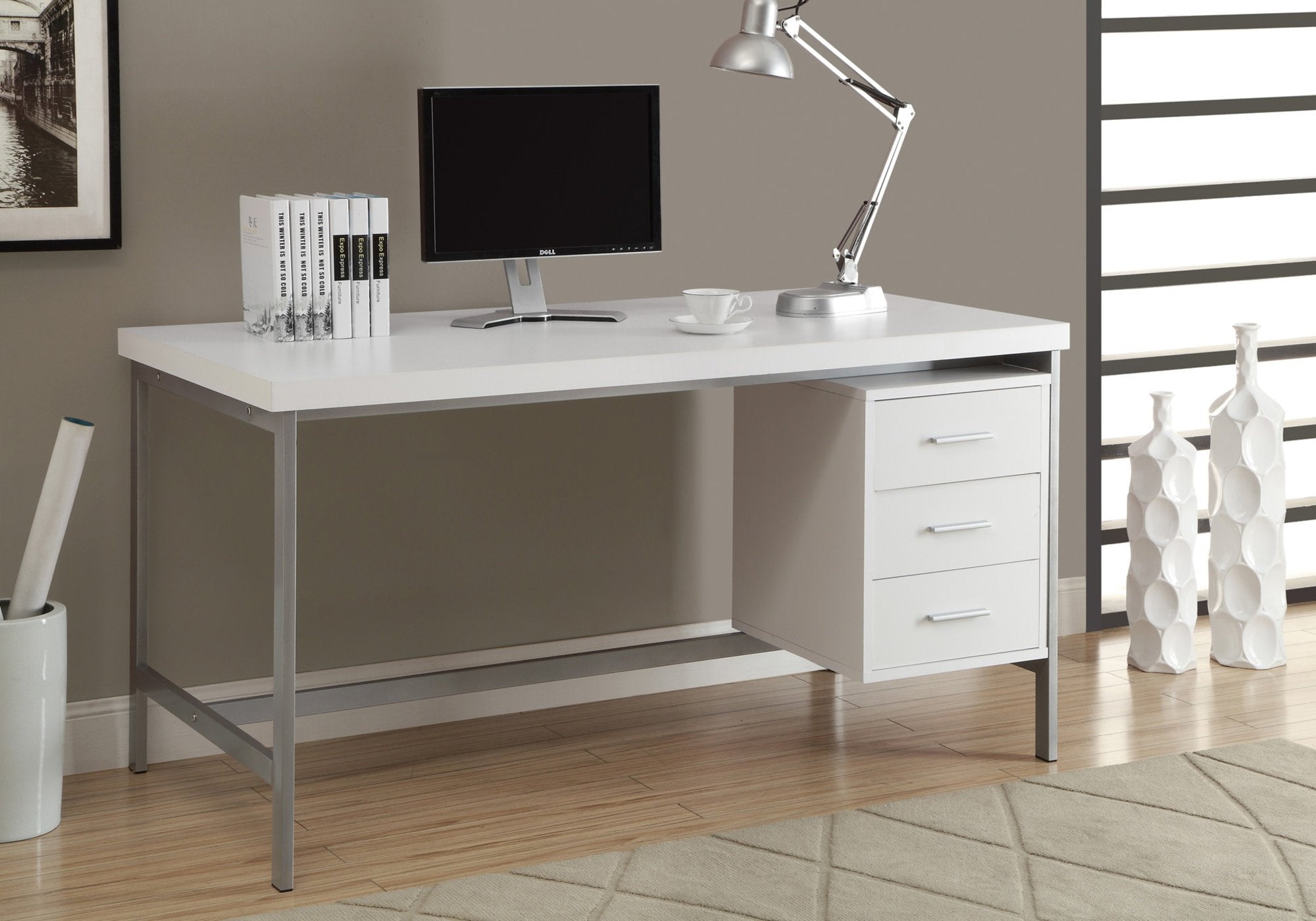 Monarch Specialties Hollow-Core/Silver Metal Office Desk, 60', white