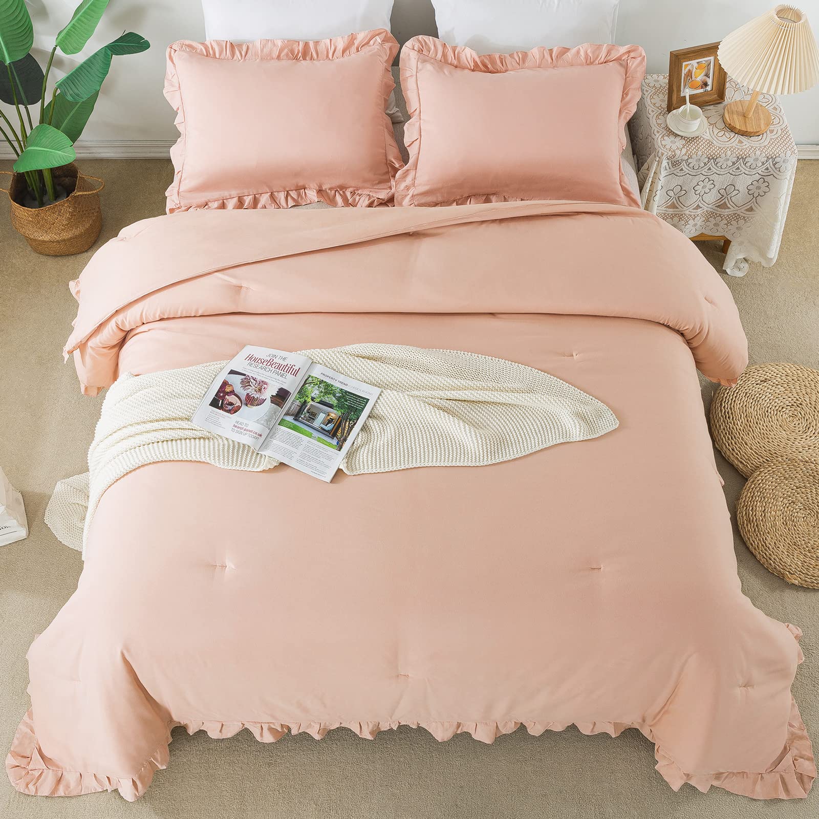 Andency Blush Pink Ruffle Comforter King, 3 Pieces All Season Farmhouse Shabby Chic Comforter, Vintage Rustic Soft Microfiber Do