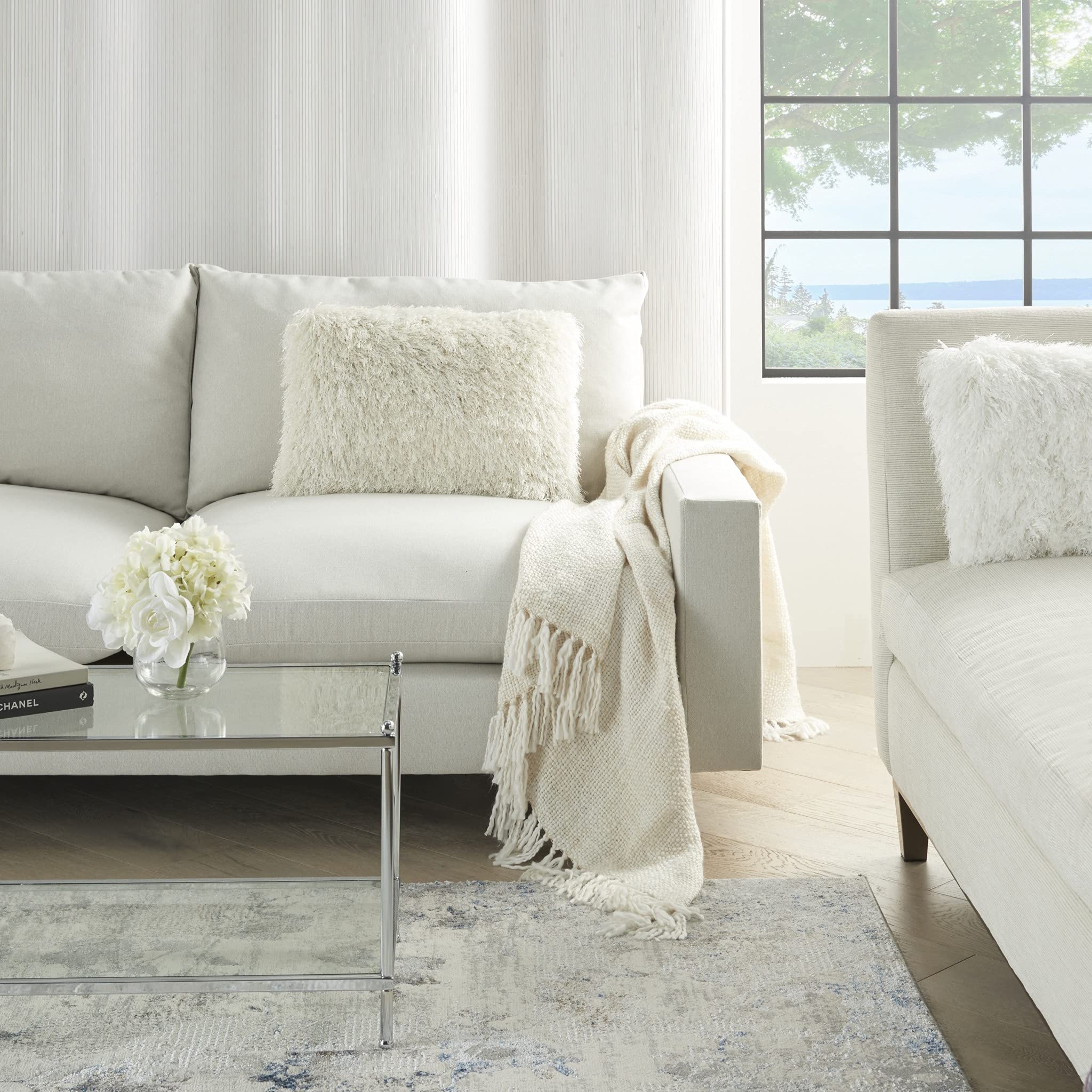 HomeRoots 100% Polyester Cream Super Shaggy Throw Pillow