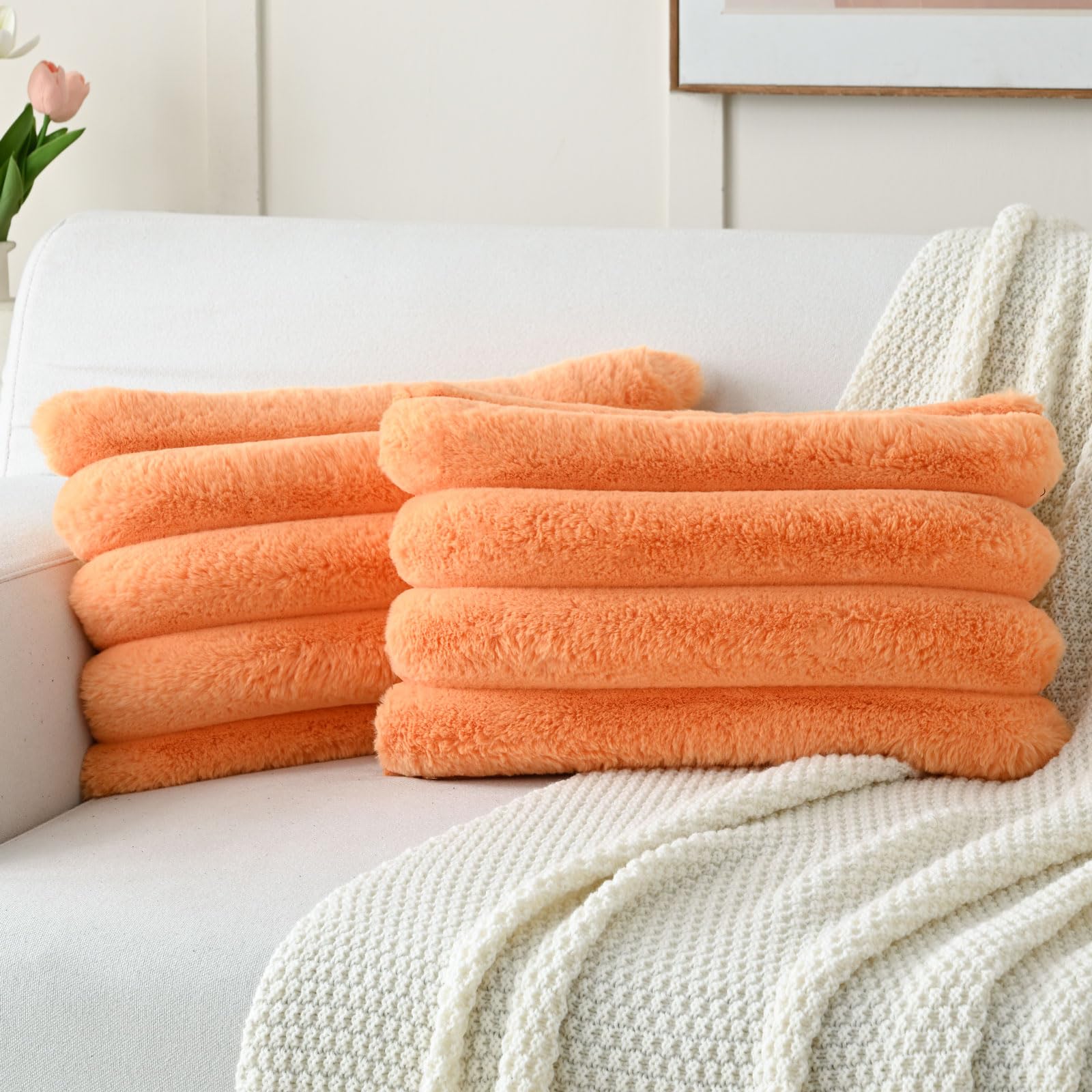 Futei Orange Decorative Throw Pillow Covers 12X20 Inch Set Of 2, Square Soft Faux Rabbit Fur Big Striped Cushion Cover,Home Deco