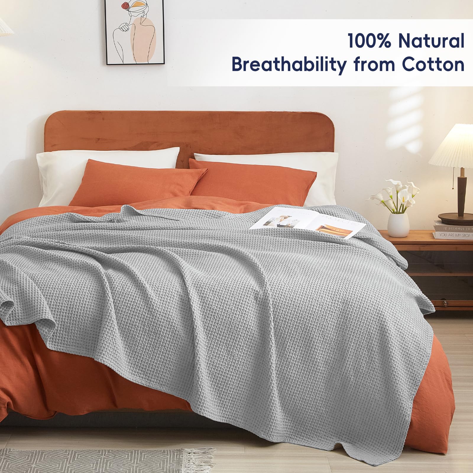 Phf 100% Cotton Waffle Weave Blanket Twin Size 66'X90' -Lightweight Washed Soft Breathable Blanket For All Season-Perfect Blanket Layer For Couch Bed Sofa - Light Grey