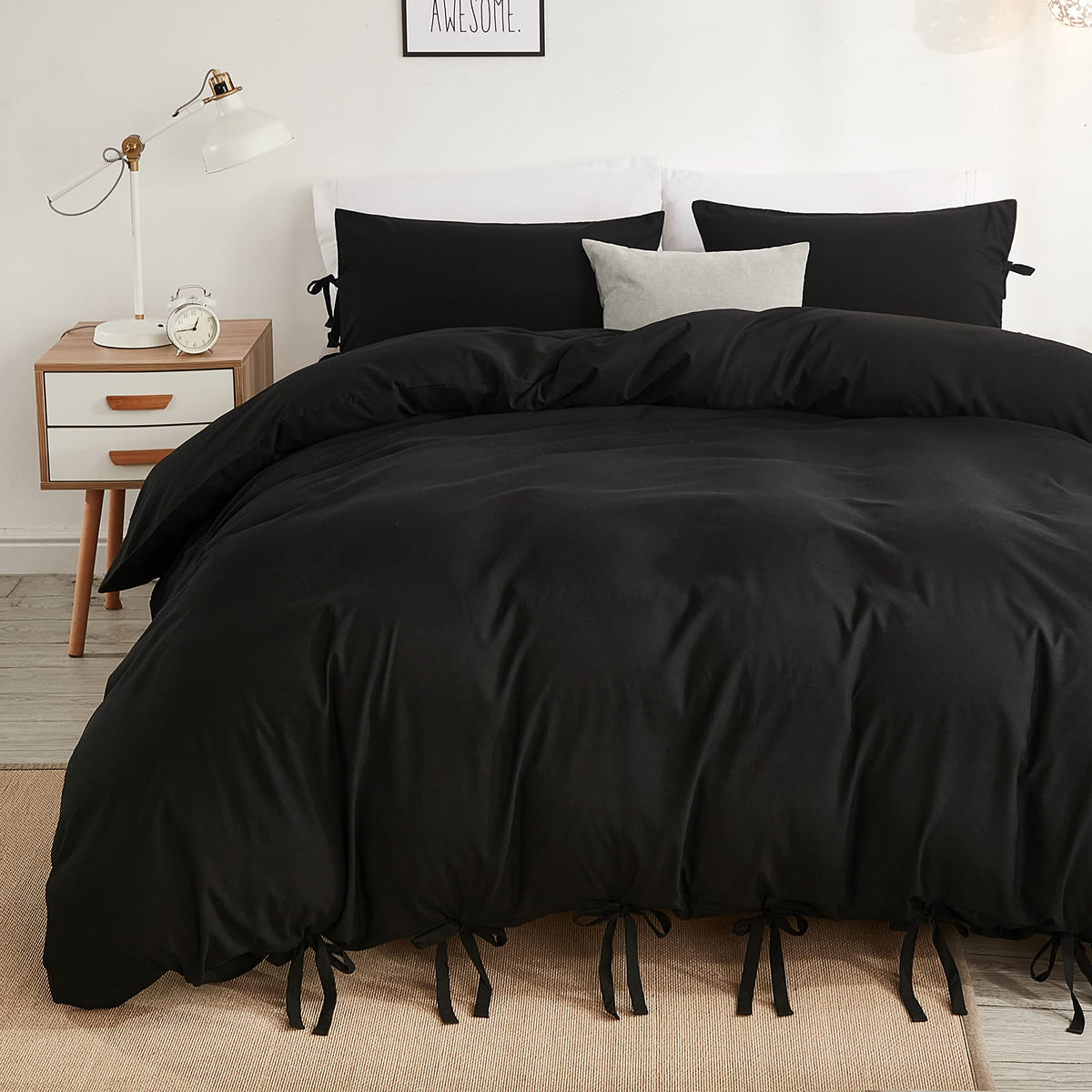 annadaif Black Duvet Cover Full (79x90 Inch), 3 Pieces (2 Pillowcases, 1 Duvet Cover) Ultra Soft Bowknot Duvet Cover Set, Easy C