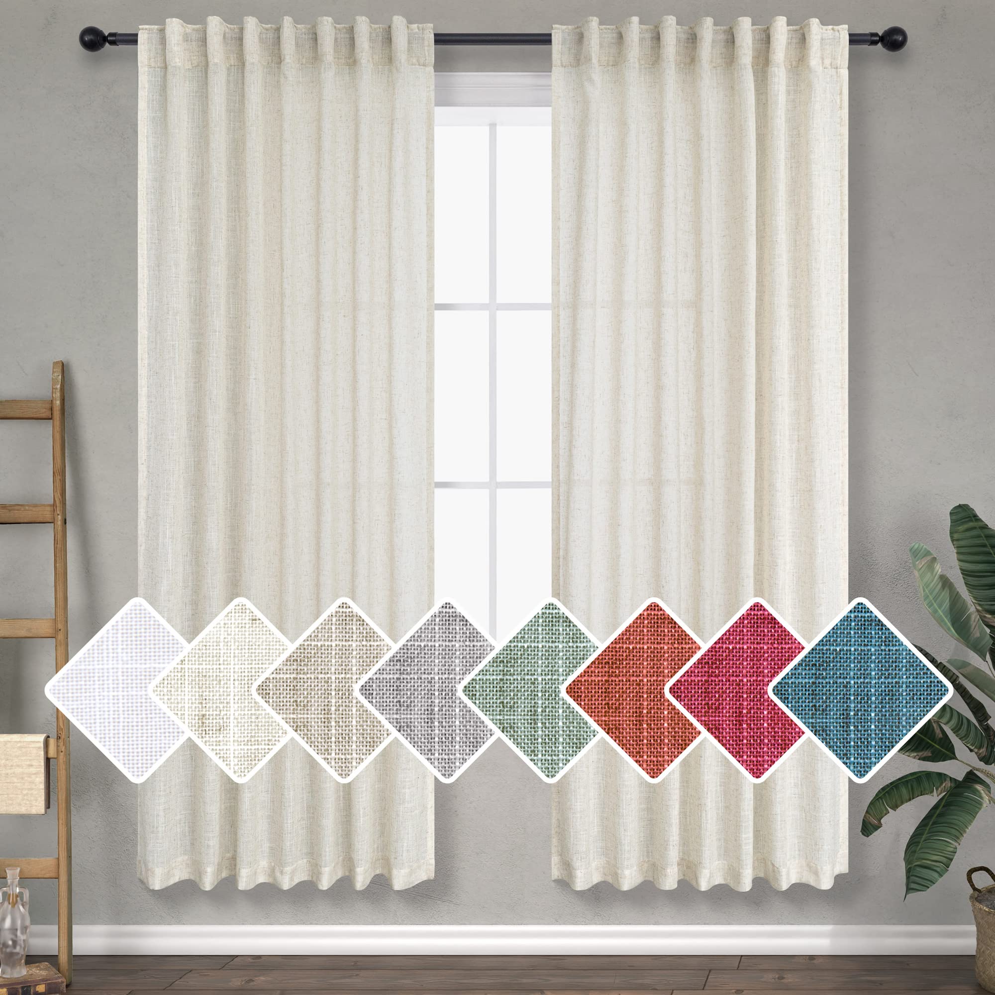Natural Linen Farmhouse Curtains 63 Inch Length For Bedroom 2 Panels Set Back Tab Pocket Light Filtering Opaque Lightweight Crea