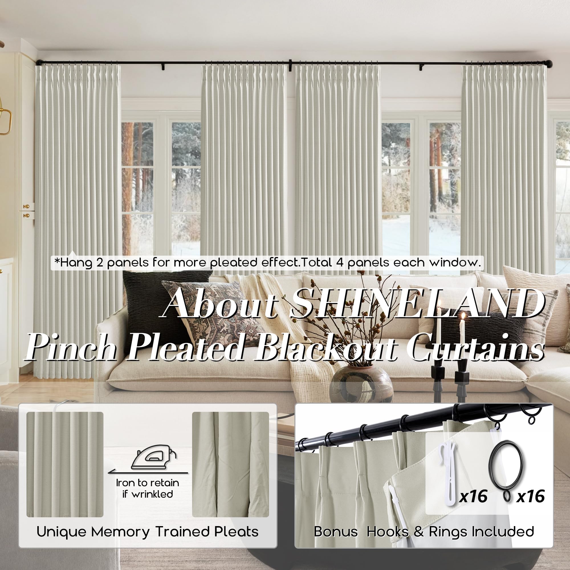 Shineland 8Ft Bay Window Curtains 2 Panel Sets For Living Room 96 Inch Length,8 Foot Ft Linen Pinch Pleated To 98 Inch Long Blackout Farmhouse Drop Cloth Curtains