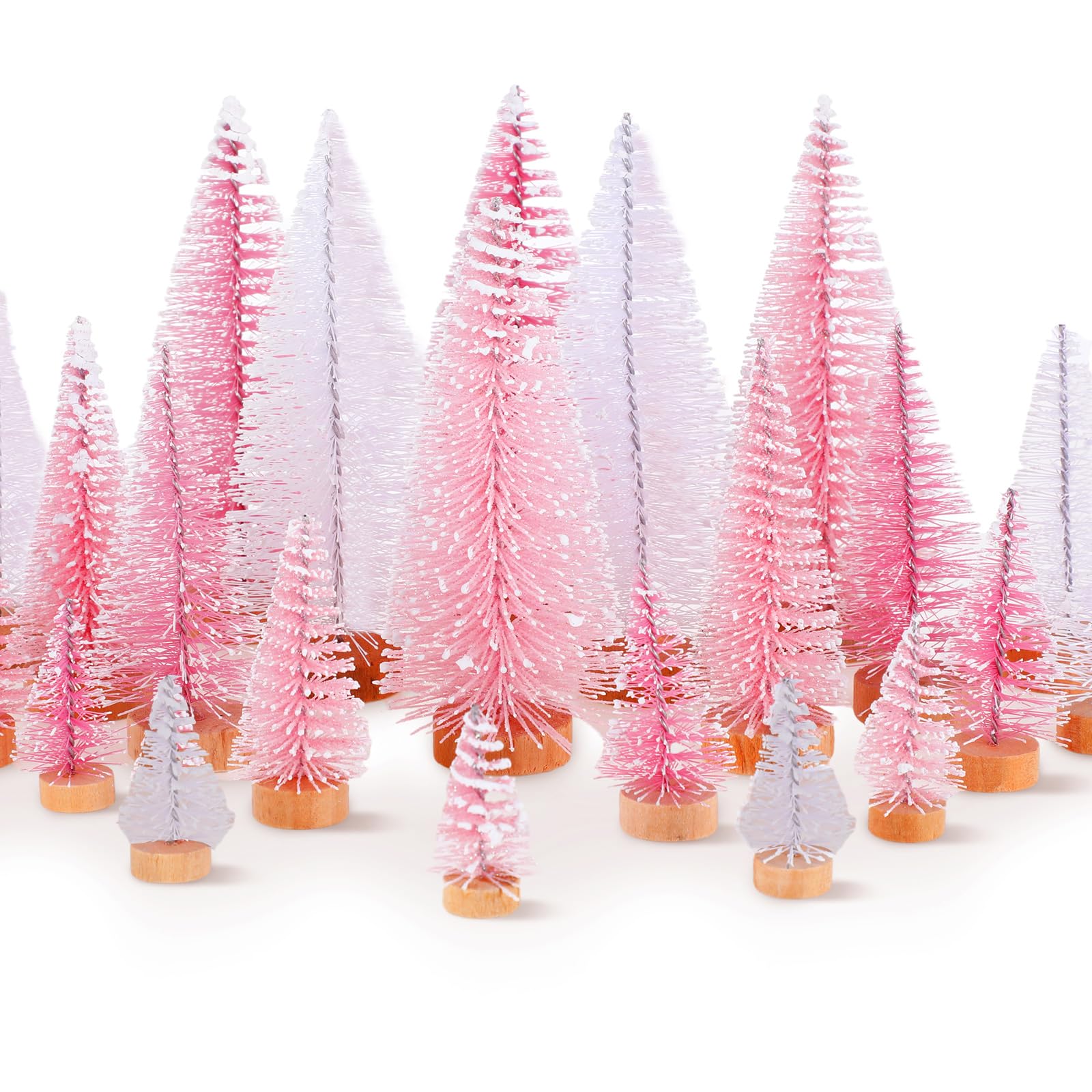 Leyndo 24 Pcs Pink Artificial Mini Christmas Tree Xmas Sisal Bottle Brush Trees with Wood Base Christmas Decor for Xmas Party Ta