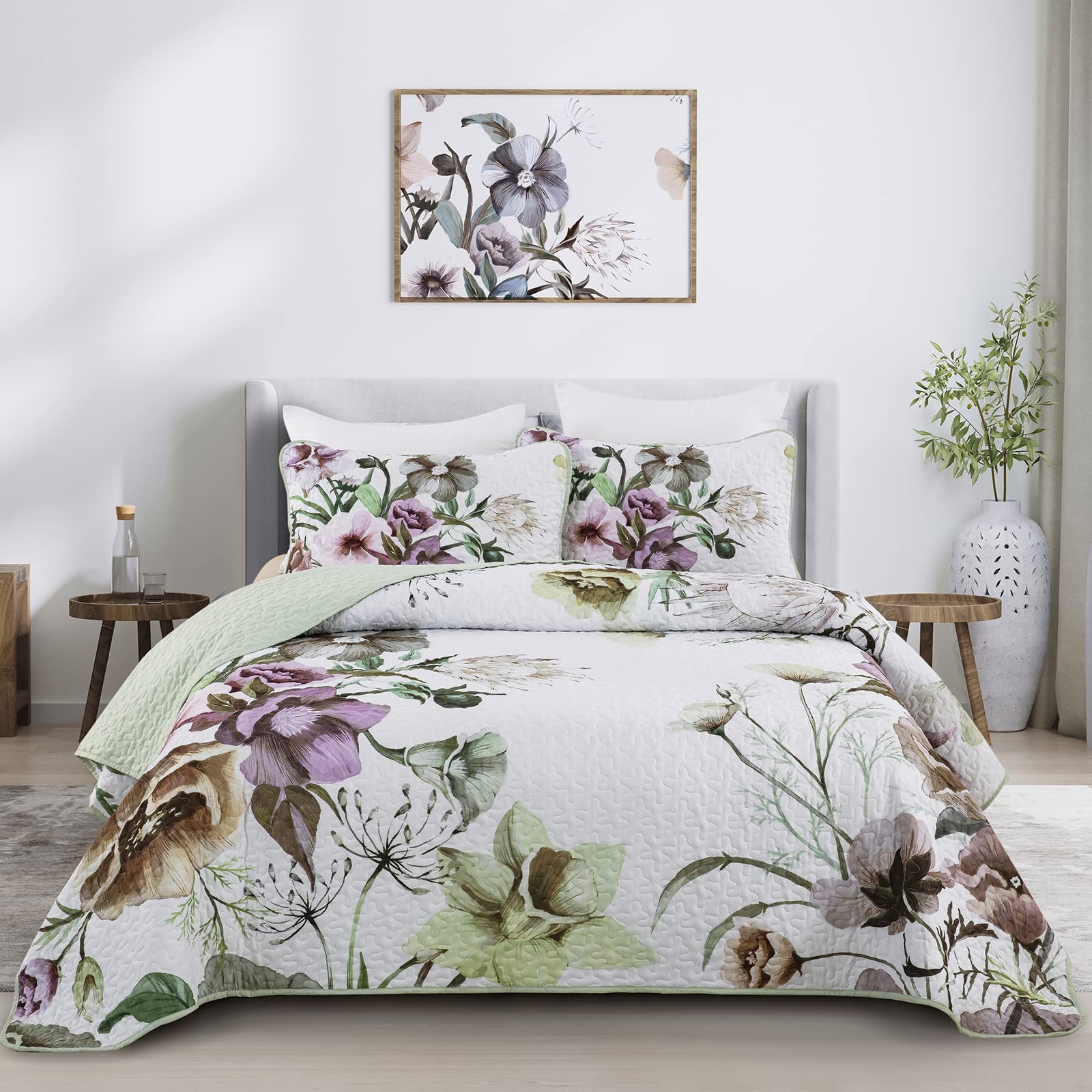 Drucon Floral Quilt Set Queen 3 Pieces Boho Green Quilt Coverlet Set Soft Microfiber Lightweight Green Quilted Bedspread for All