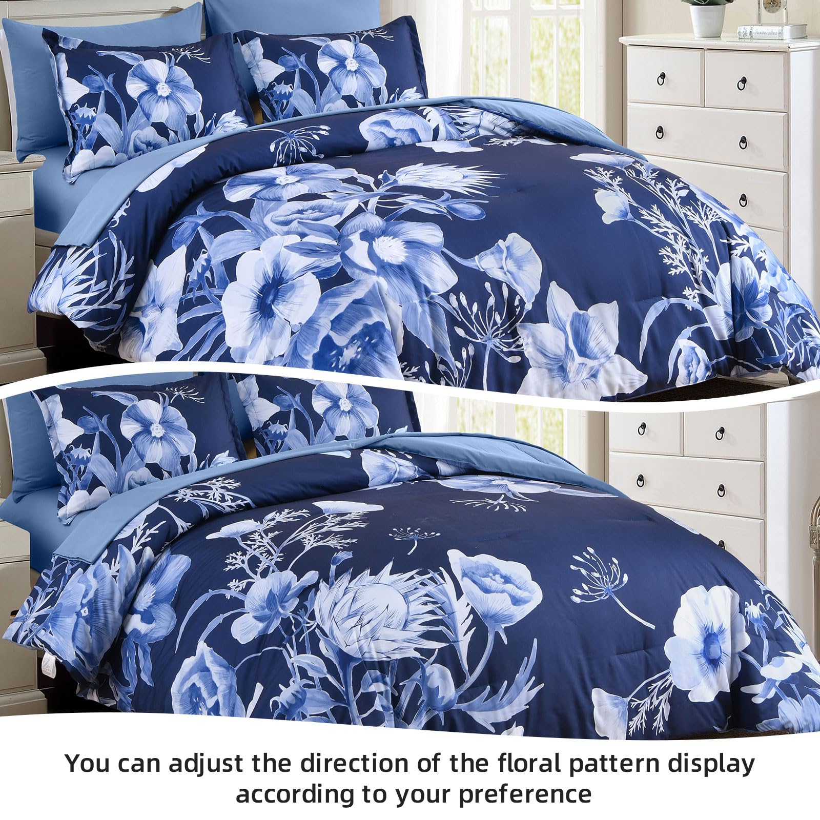 Luxudecor Floral Comforter Set King Size 7 Piece, Navy Blue Flower Bed In A Bag, Elegant Floral Comforter With Sheet Set, Soft M