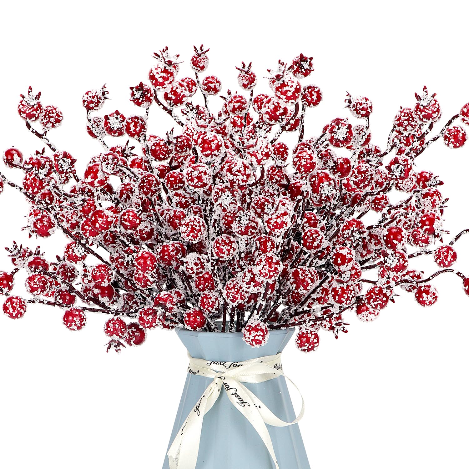 12 Pack Artificial Red Berry Stems Frosted Holly Berry Picks Christmas Picks Sprays Snowy Berry Twig Branches for Xmas Tree Garl