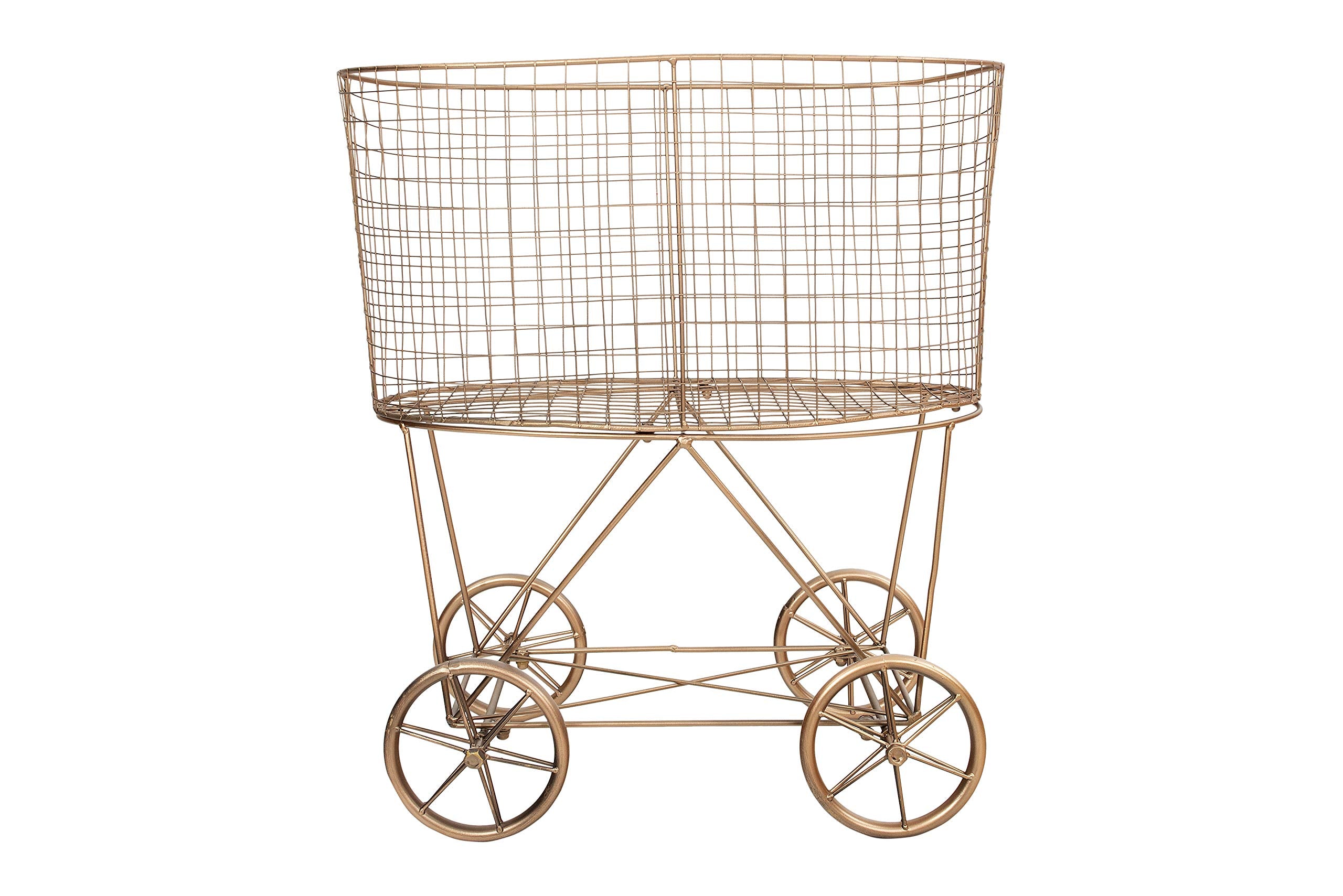 Creative Co-Op Vintage Reproduction Decorative Metal Laundry Basket on Wheels, Copper