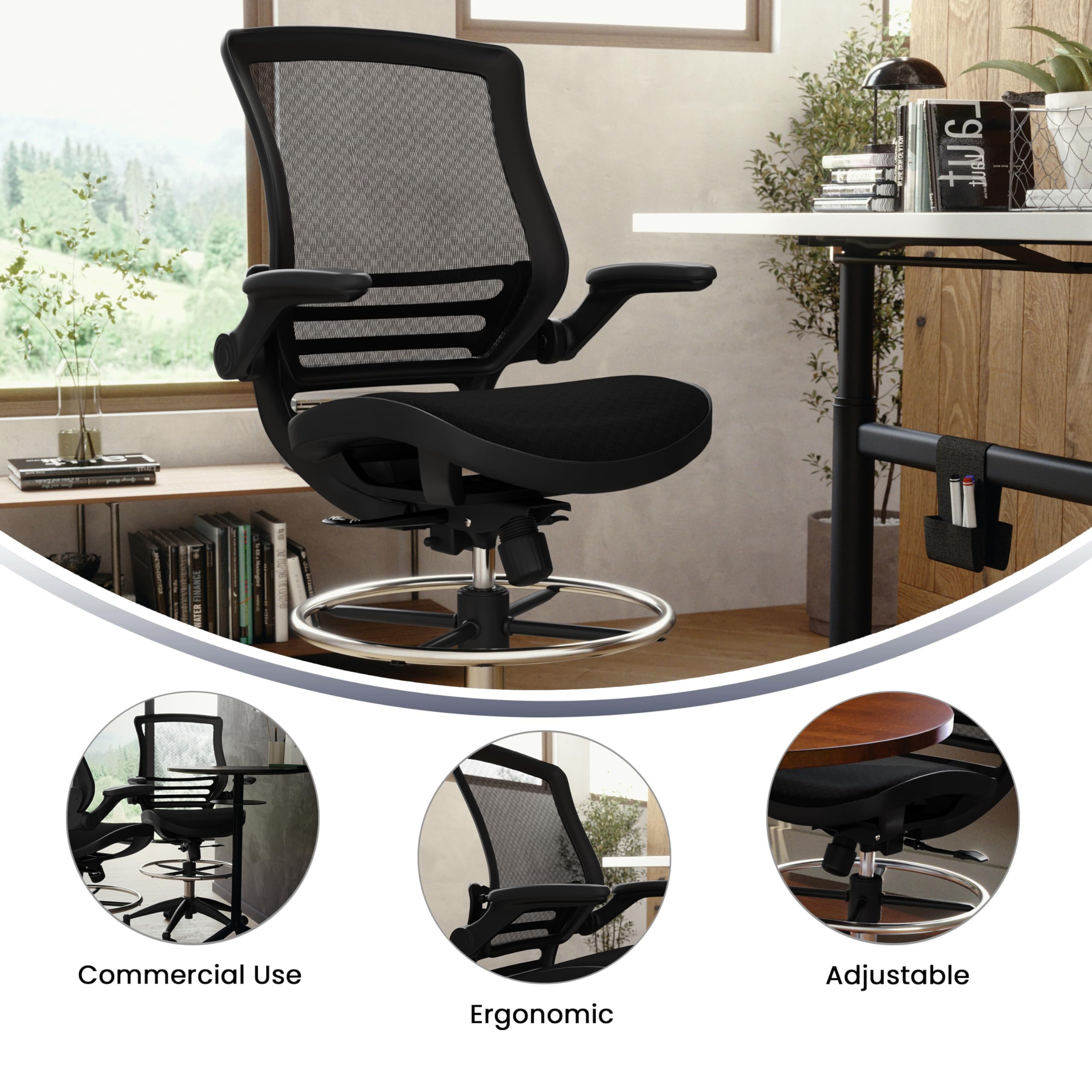 Flash Furniture Waylon Mid-Back Swivel Office Chair With Adjustable Foot Ring And Seat Height, Ergonomic Executive Chair With Armrests, Black