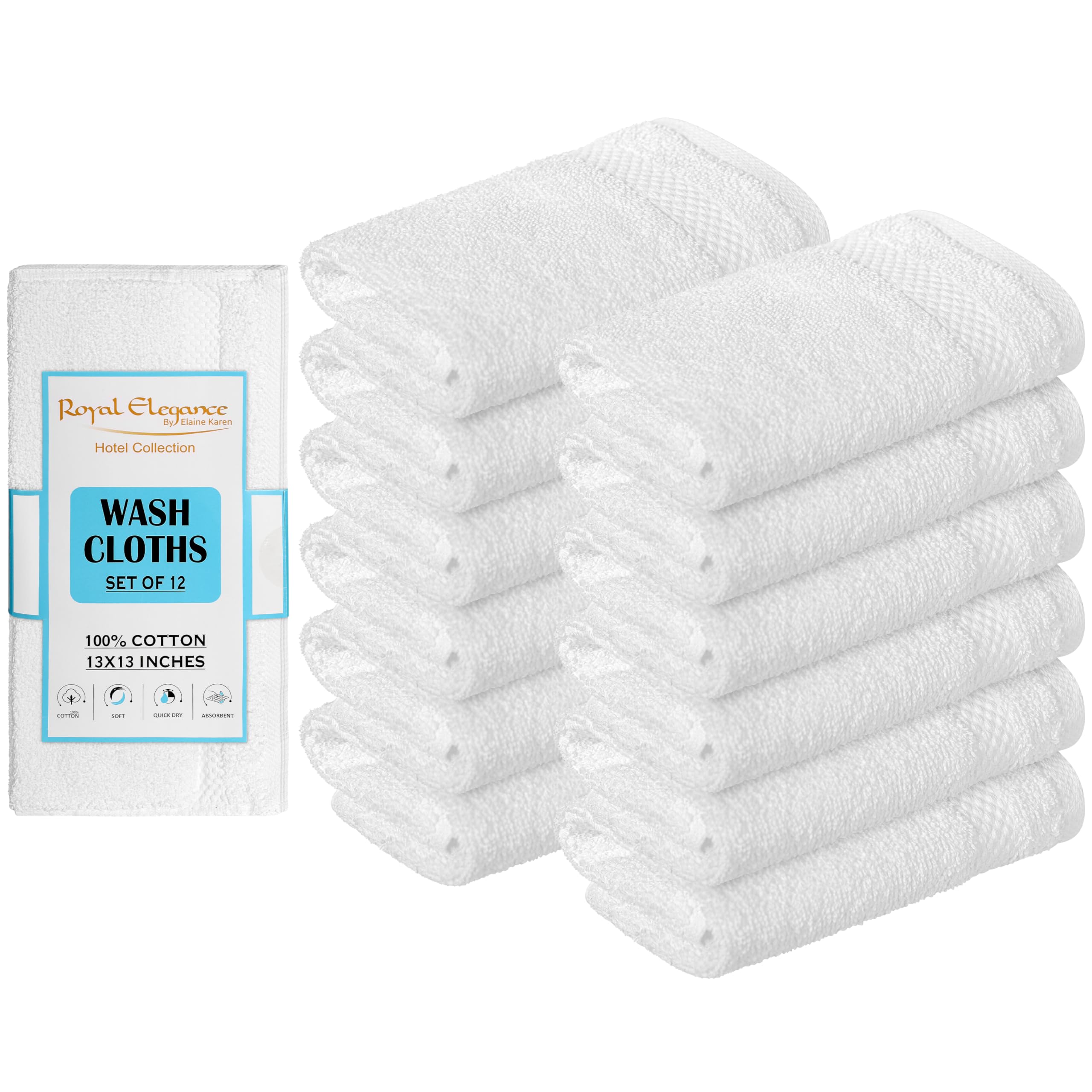 Elaine Karen White Wash Cloths for Your Face - 12 Pack Premium Cotton Washcloths - Hotel & Spa Bathroom Face Towels - 13x13 Face